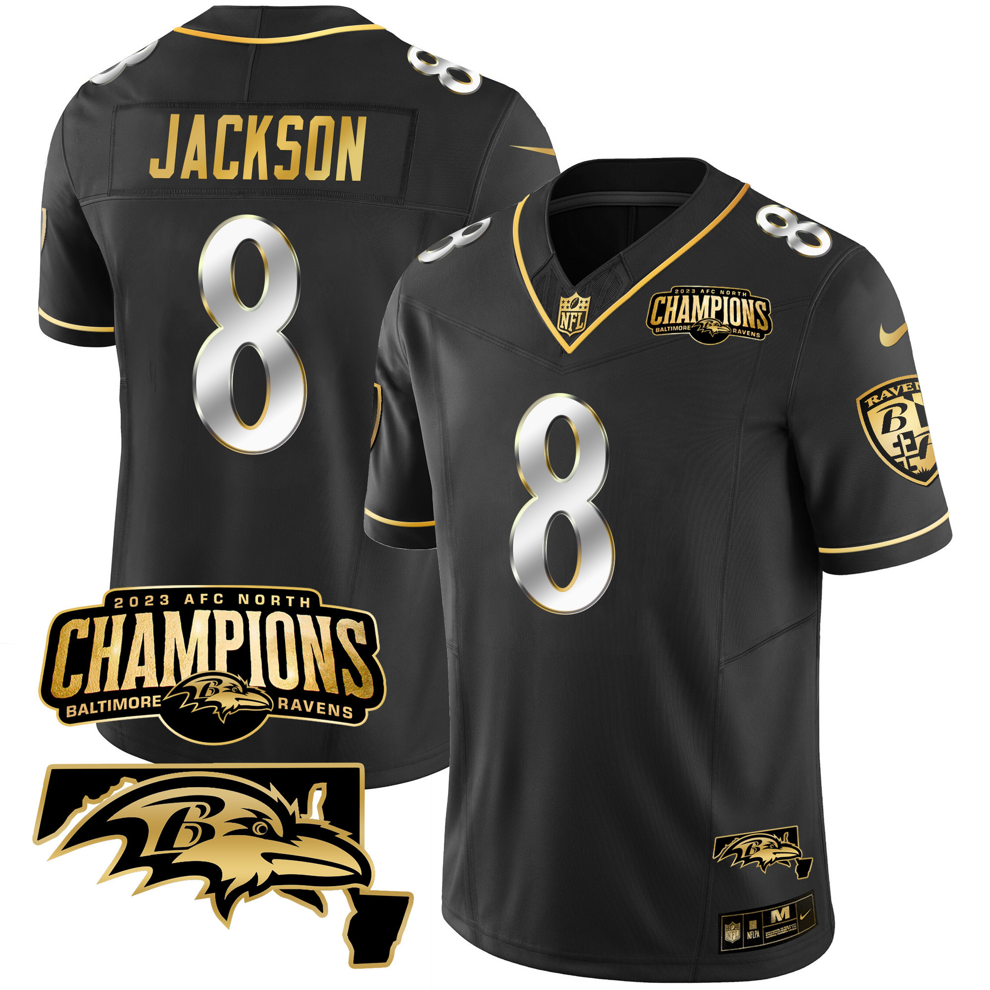 Lamar Jackson Men's Baltimore Ravens 2023 Afc North Champions Maryland Patch Gold Vapor Black Limited Jersey All Stitched