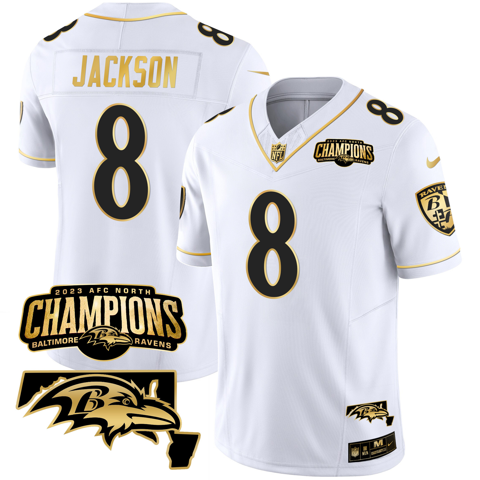 Lamar Jackson Men's Baltimore Ravens 2023 Afc North Champions Maryland Patch Gold Vapor White Gold Jersey All Stitched