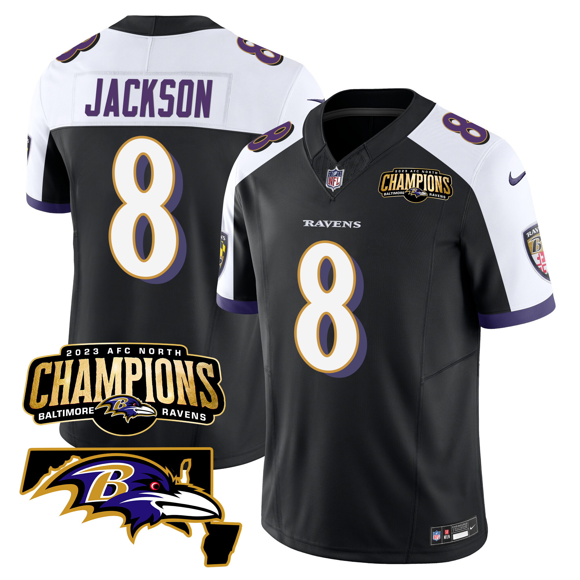 Lamar Jackson Men's Baltimore Ravens 2023 Afc North Champions Maryland Patch Vapor Black Alternate Jersey All Stitched