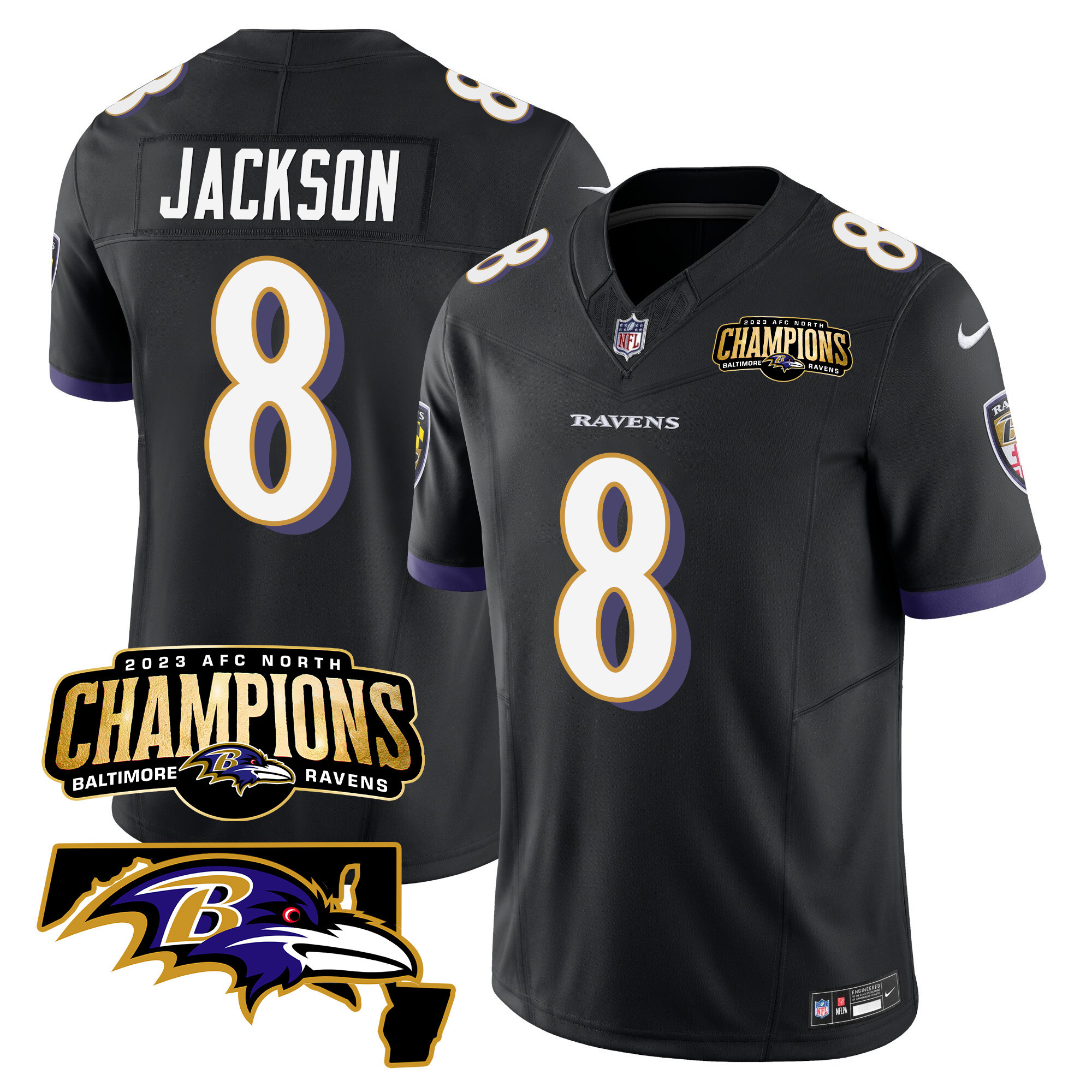 Lamar Jackson Men's Baltimore Ravens 2023 Afc North Champions Maryland Patch Vapor Black Jersey All Stitched