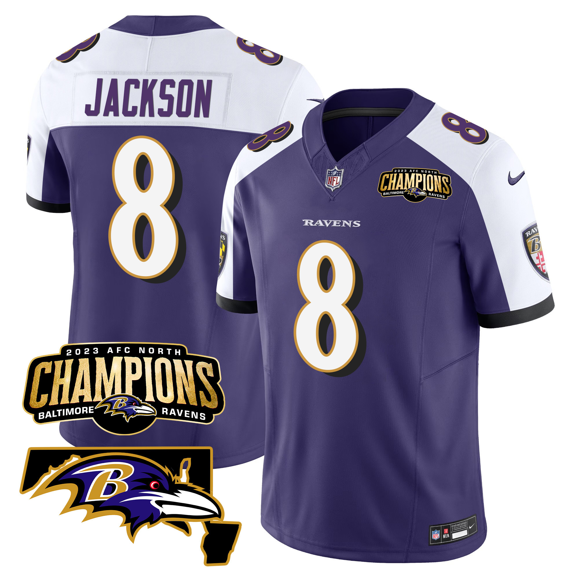 Lamar Jackson Men's Baltimore Ravens 2023 Afc North Champions Maryland Patch Vapor Purple Alternate Jersey All Stitched