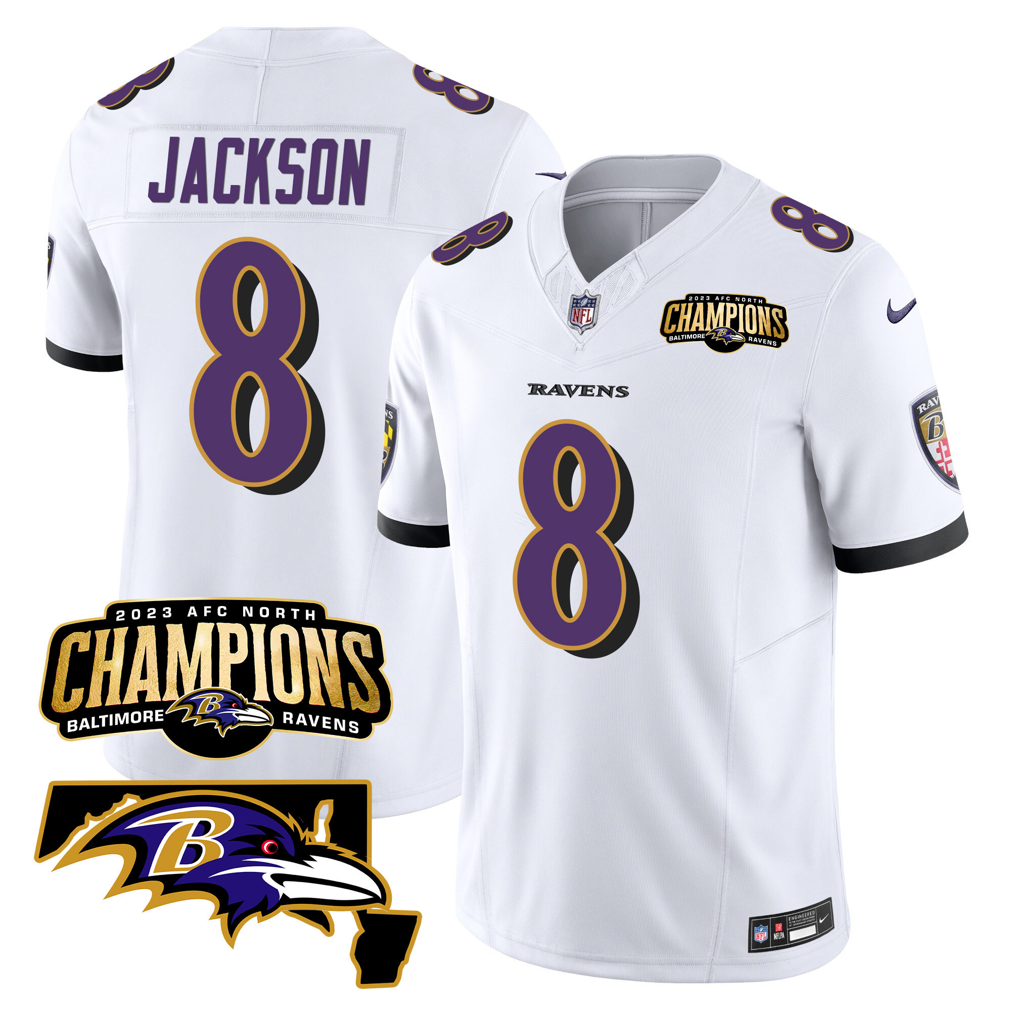 Lamar Jackson Men's Baltimore Ravens 2023 Afc North Champions Maryland Patch Vapor White Jersey All Stitched