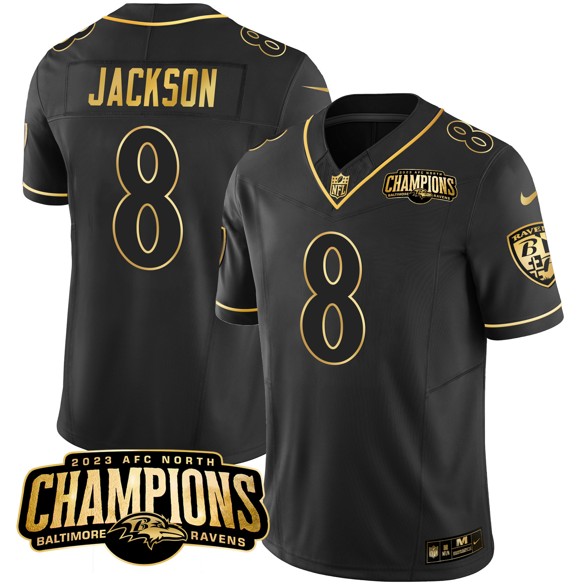 Lamar Jackson Men's Baltimore Ravens 2023 Afc North Champions Patch Gold Vapor Black Gold Jersey All Stitched