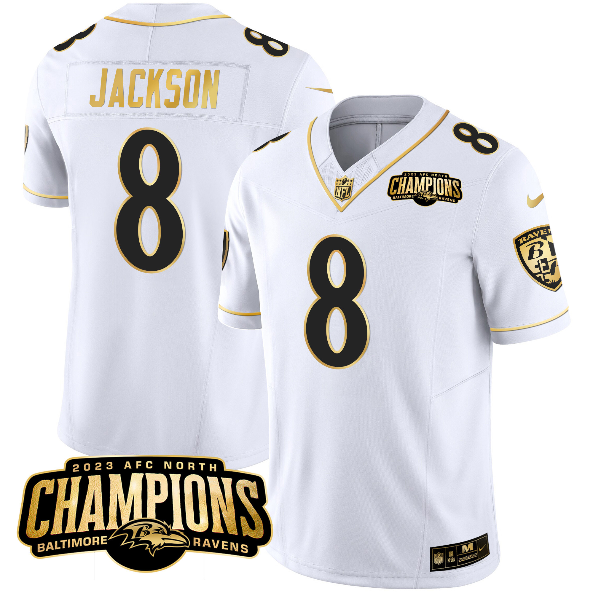 Lamar Jackson Men's Baltimore Ravens 2023 Afc North Champions Patch Gold Vapor White Gold Jersey All Stitched
