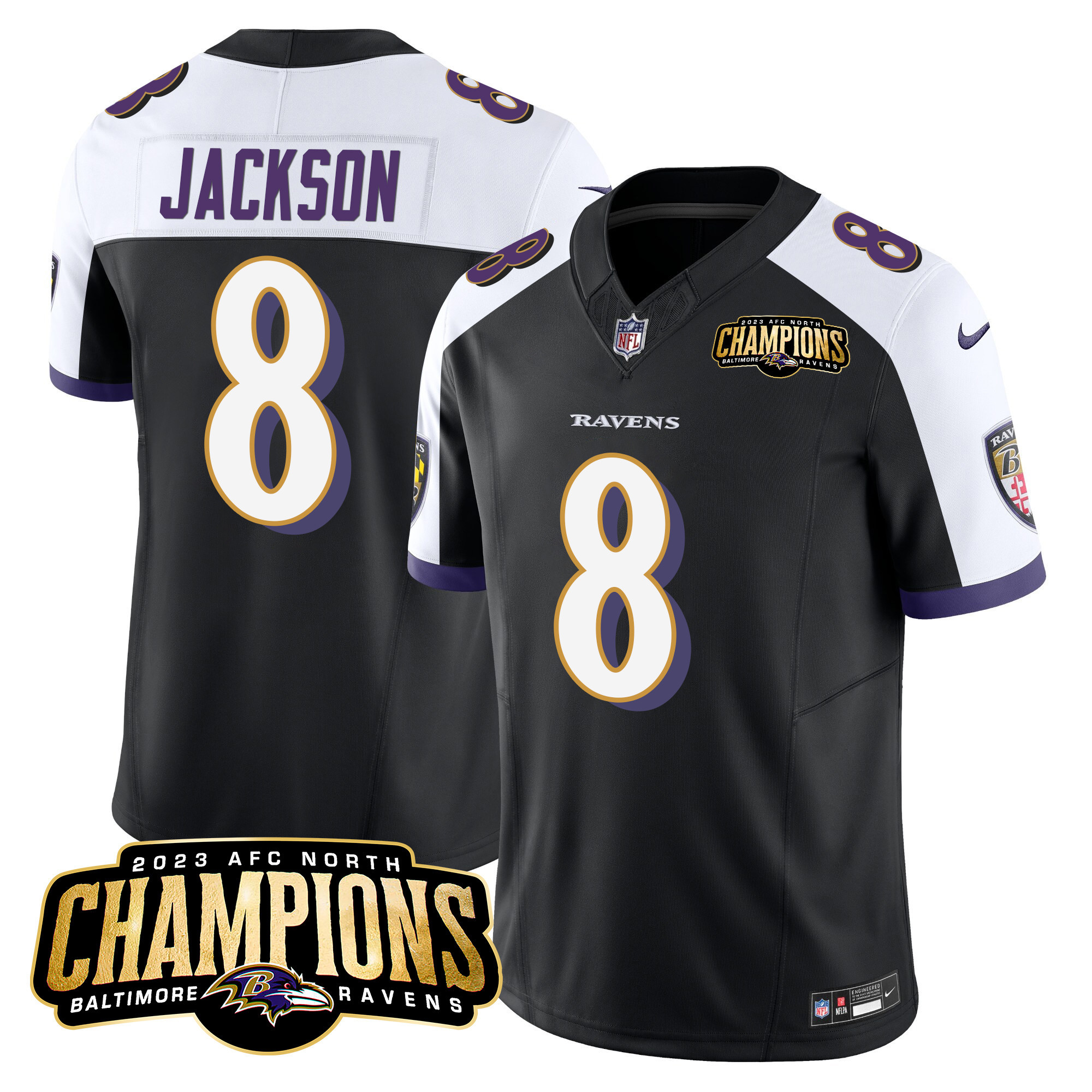 Lamar Jackson Men's Baltimore Ravens 2023 Afc North Champions Patch Vapor Limited Black Alternate Jersey All Stitched