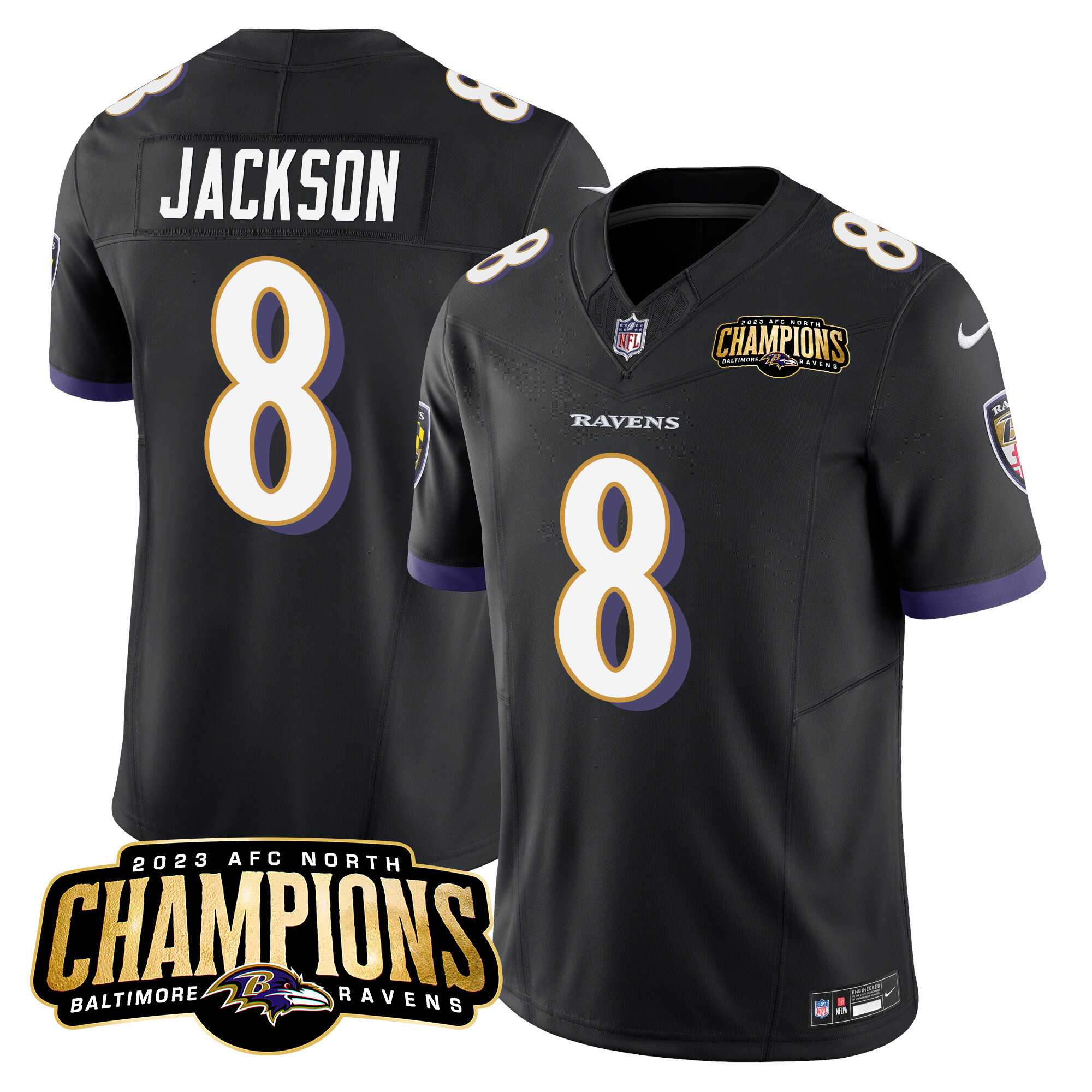 Lamar Jackson Men's Baltimore Ravens 2023 Afc North Champions Patch Vapor Limited Black Jersey All Stitched