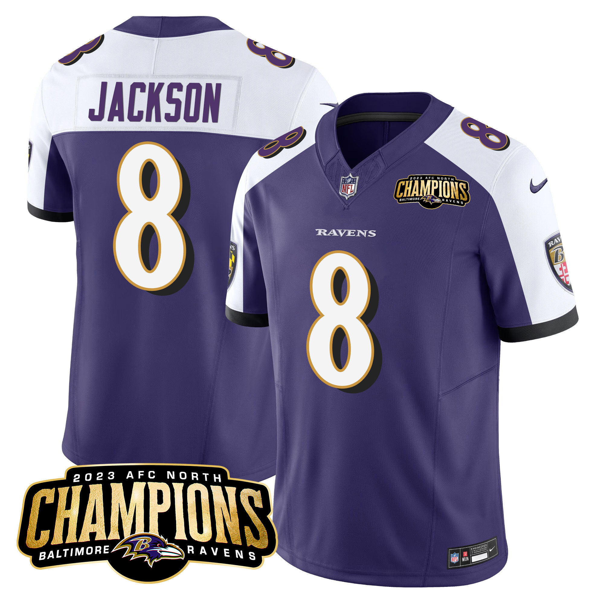 Lamar Jackson Men's Baltimore Ravens 2023 Afc North Champions Patch Vapor Limited Purple Alternate Jersey All Stitched