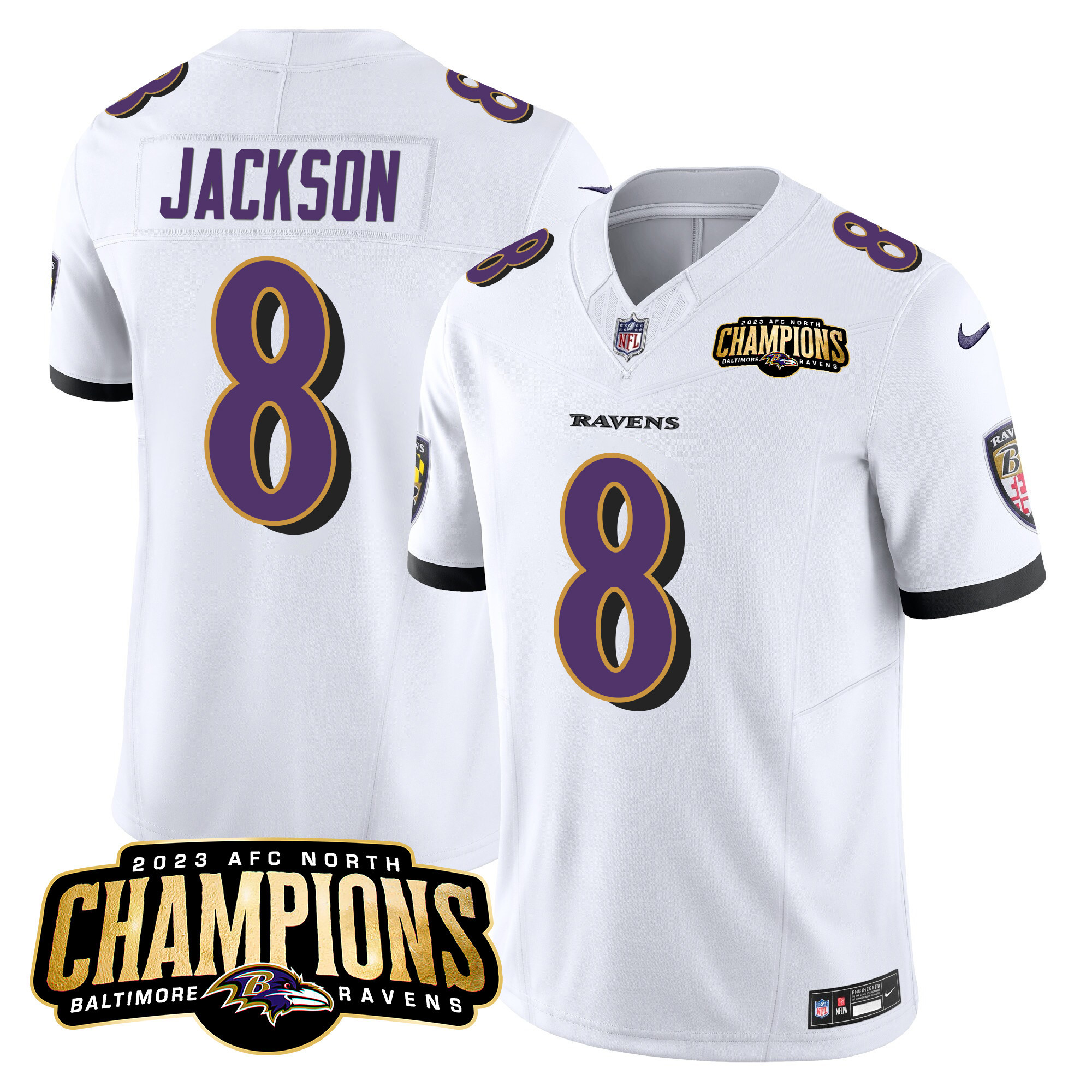 Lamar Jackson Men's Baltimore Ravens 2023 Afc North Champions Patch Vapor Limited White Jersey All Stitched
