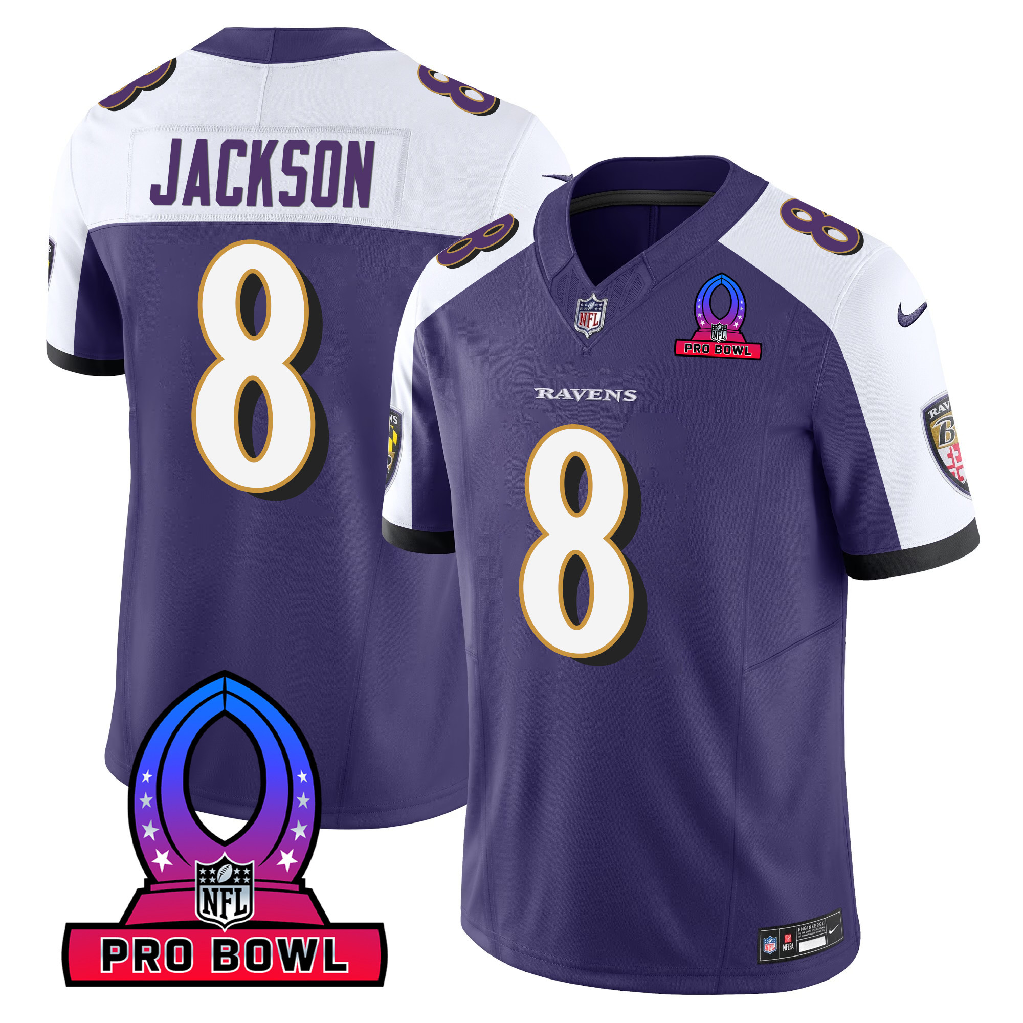 Lamar Jackson Men's Baltimore Ravens 2024 Pro Bowl Patch Vapor Purple Alternate Jersey All Stitched