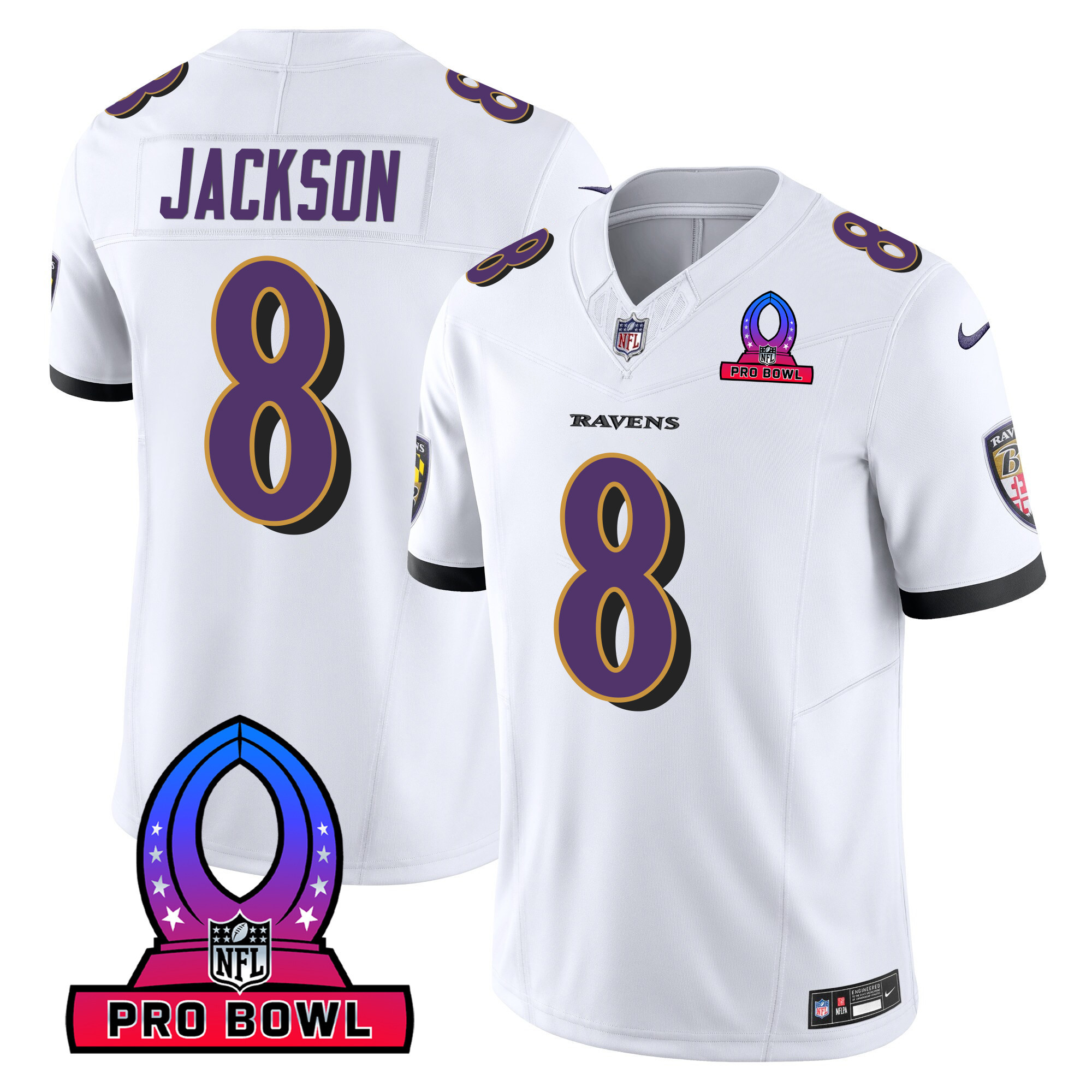 Lamar Jackson Men's Baltimore Ravens 2024 Pro Bowl Patch Vapor White Jersey All Stitched