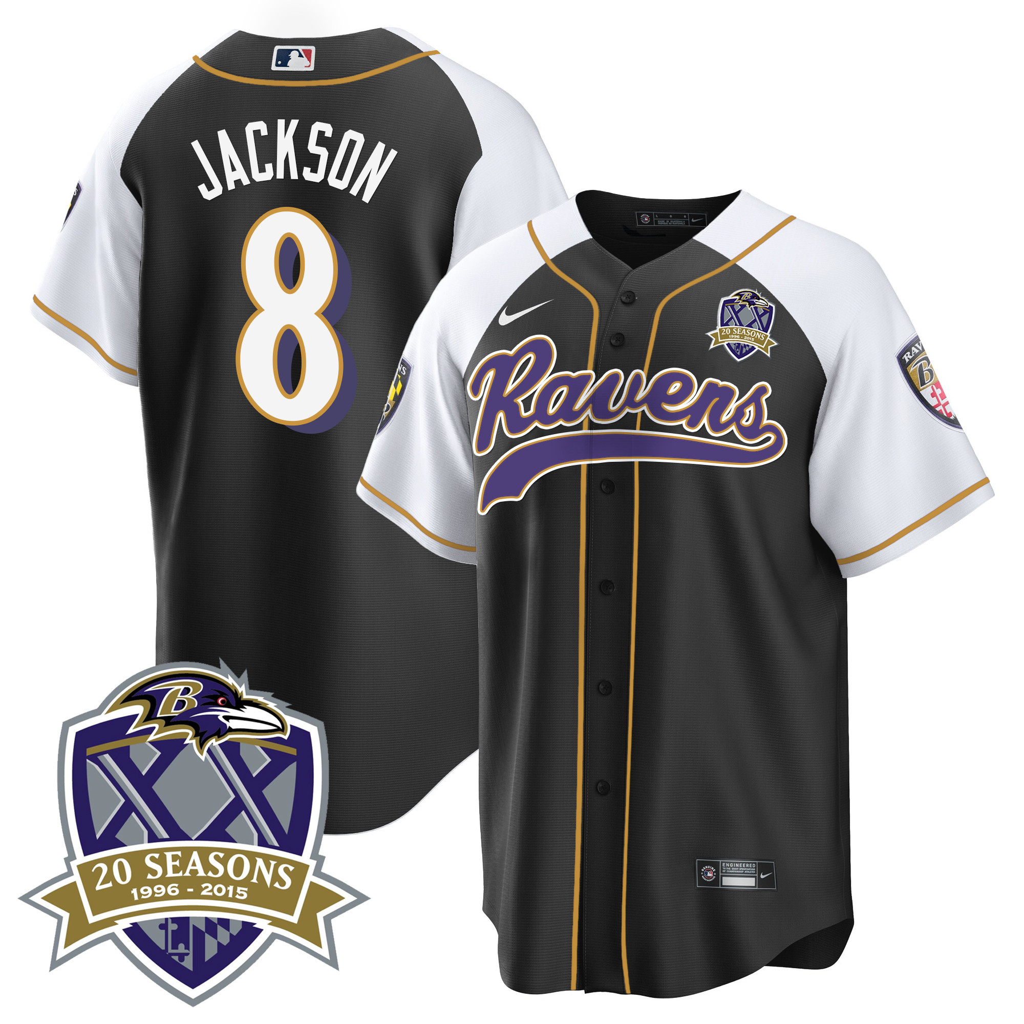 Lamar Jackson Men's Baltimore Ravens 20Th Season Patch Baseball Black Alternate Jersey All Stitched