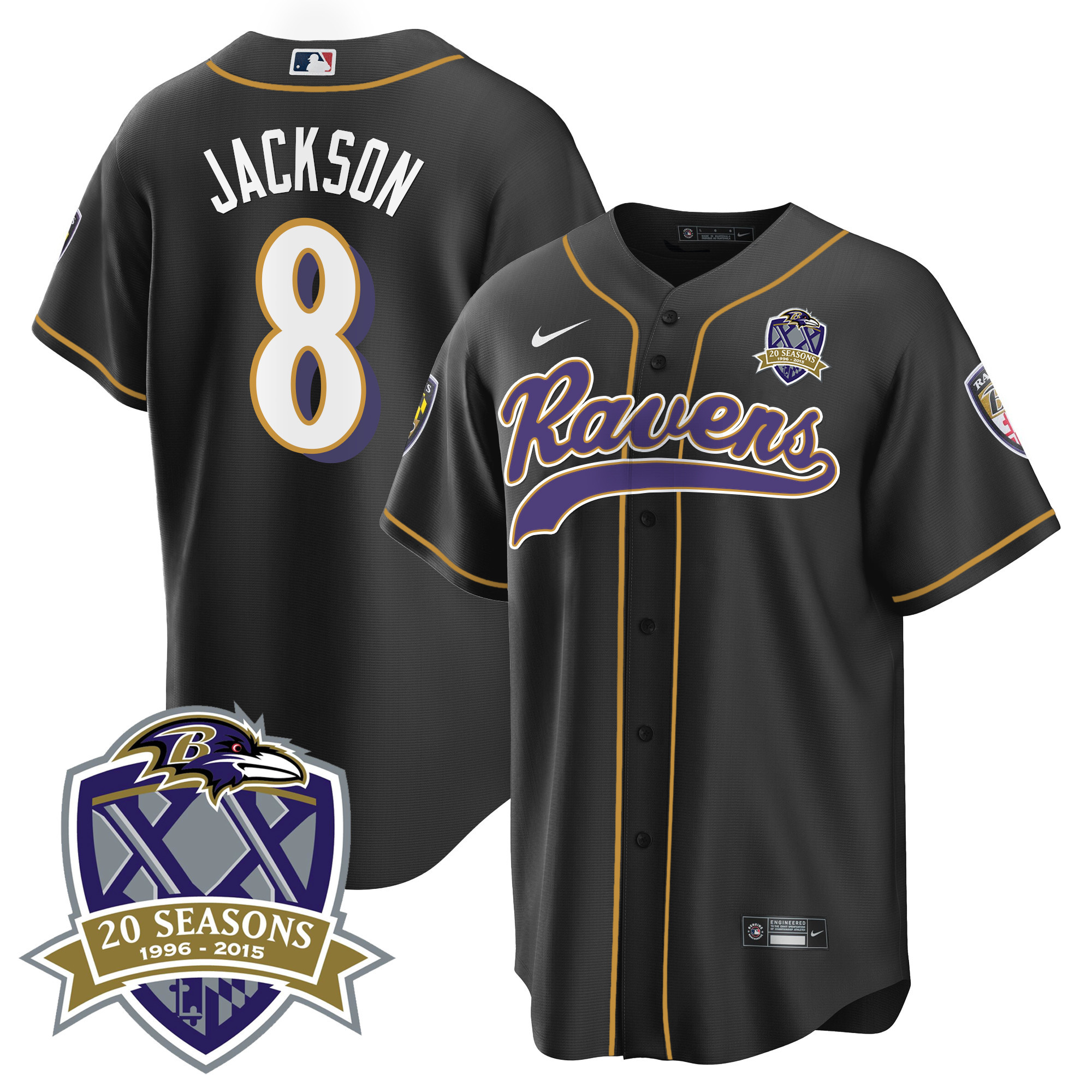 Lamar Jackson Men's Baltimore Ravens 20Th Season Patch Baseball Black Jersey All Stitched