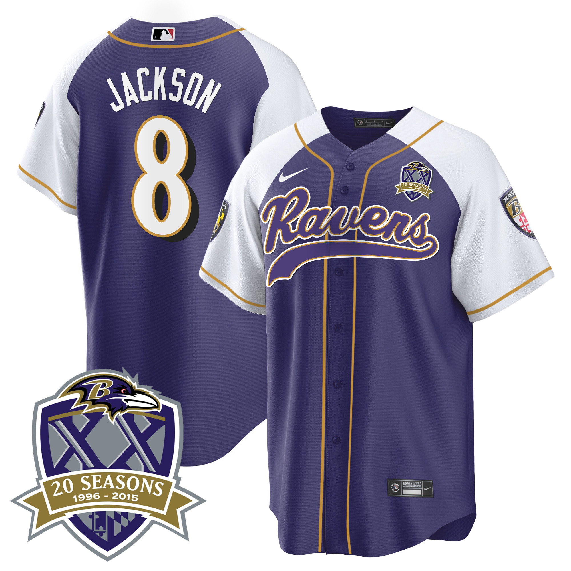Lamar Jackson Men's Baltimore Ravens 20Th Season Patch Baseball Purple Alternate Jersey All Stitched