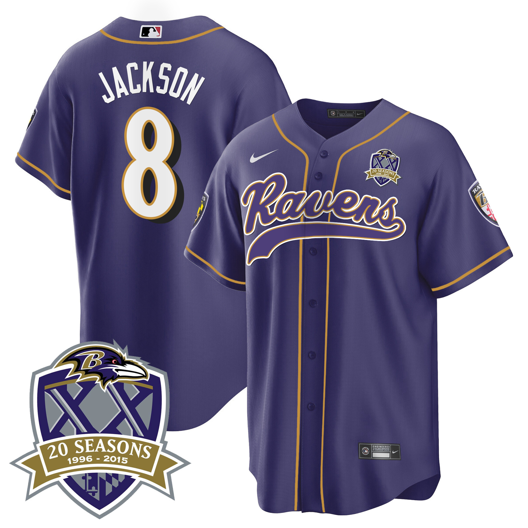 Lamar Jackson Men's Baltimore Ravens 20Th Season Patch Baseball Purple Jersey All Stitched