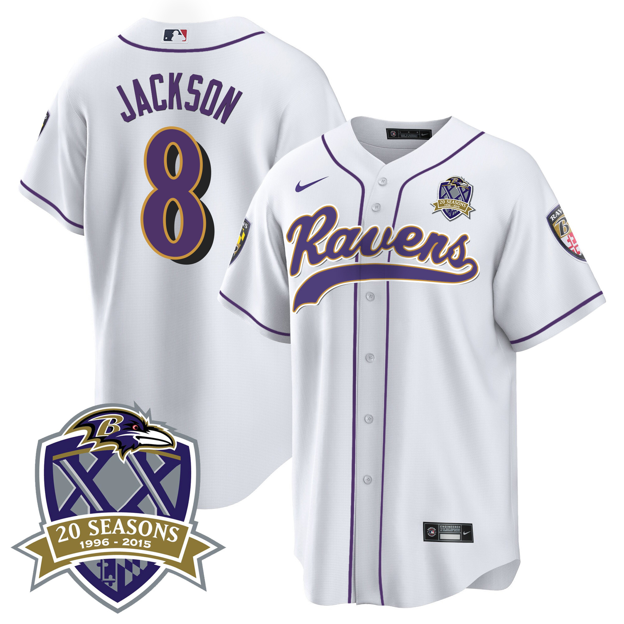 Lamar Jackson Men's Baltimore Ravens 20Th Season Patch Baseball White Jersey All Stitched