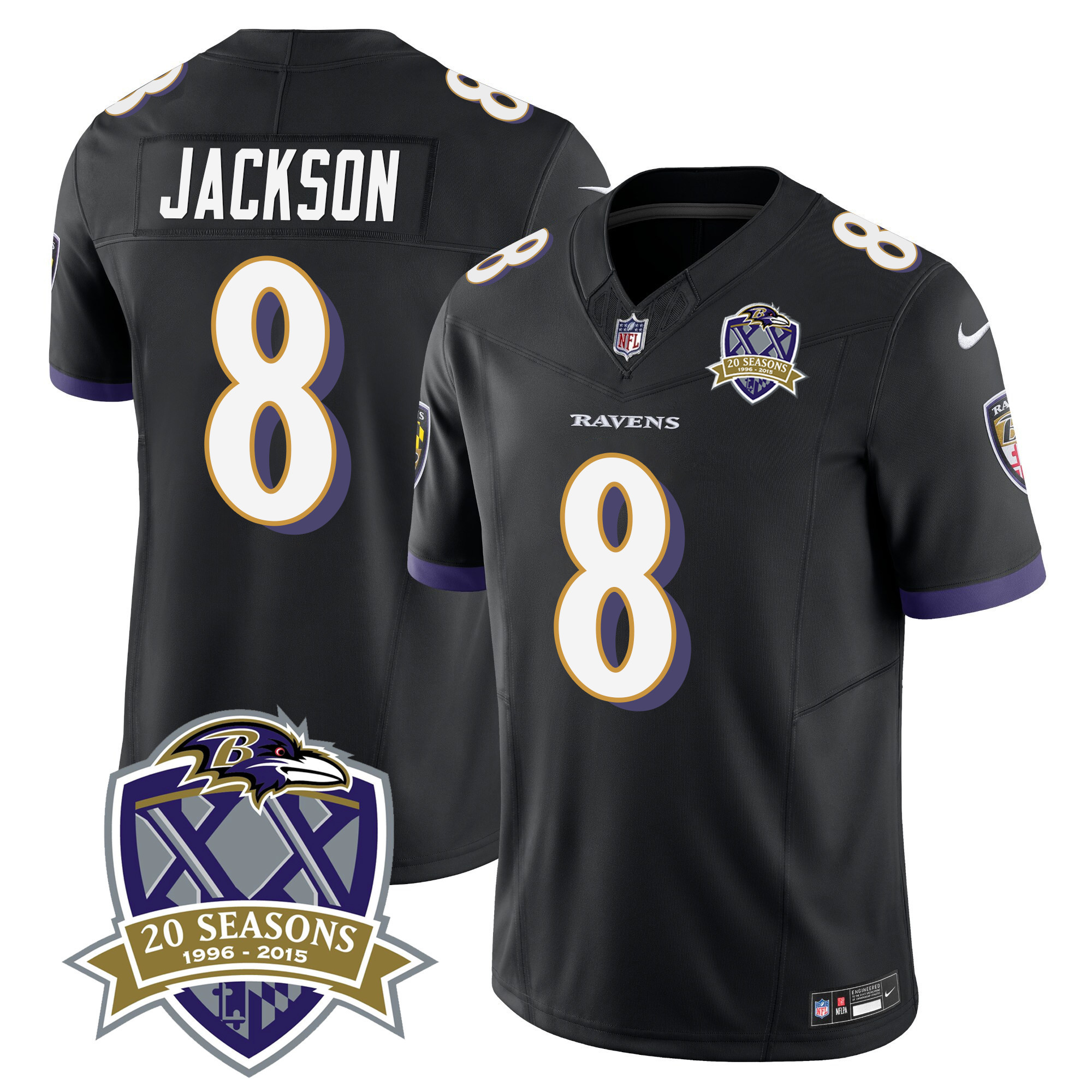 Lamar Jackson Men's Baltimore Ravens 20Th Season Patch Vapor Limited Black Jersey All Stitched