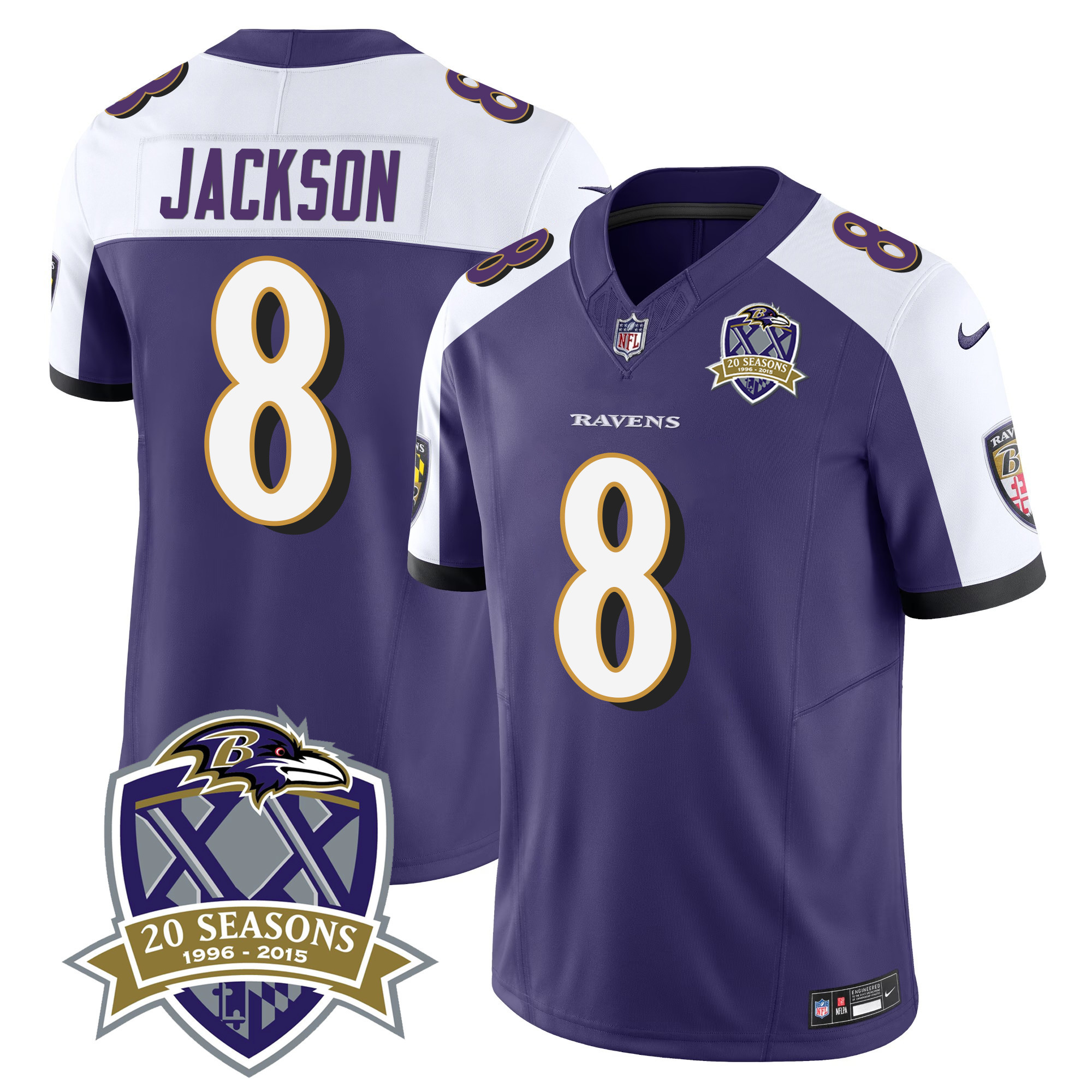 Lamar Jackson Men's Baltimore Ravens 20Th Season Patch Vapor Limited Purple Alternate Jersey All Stitched