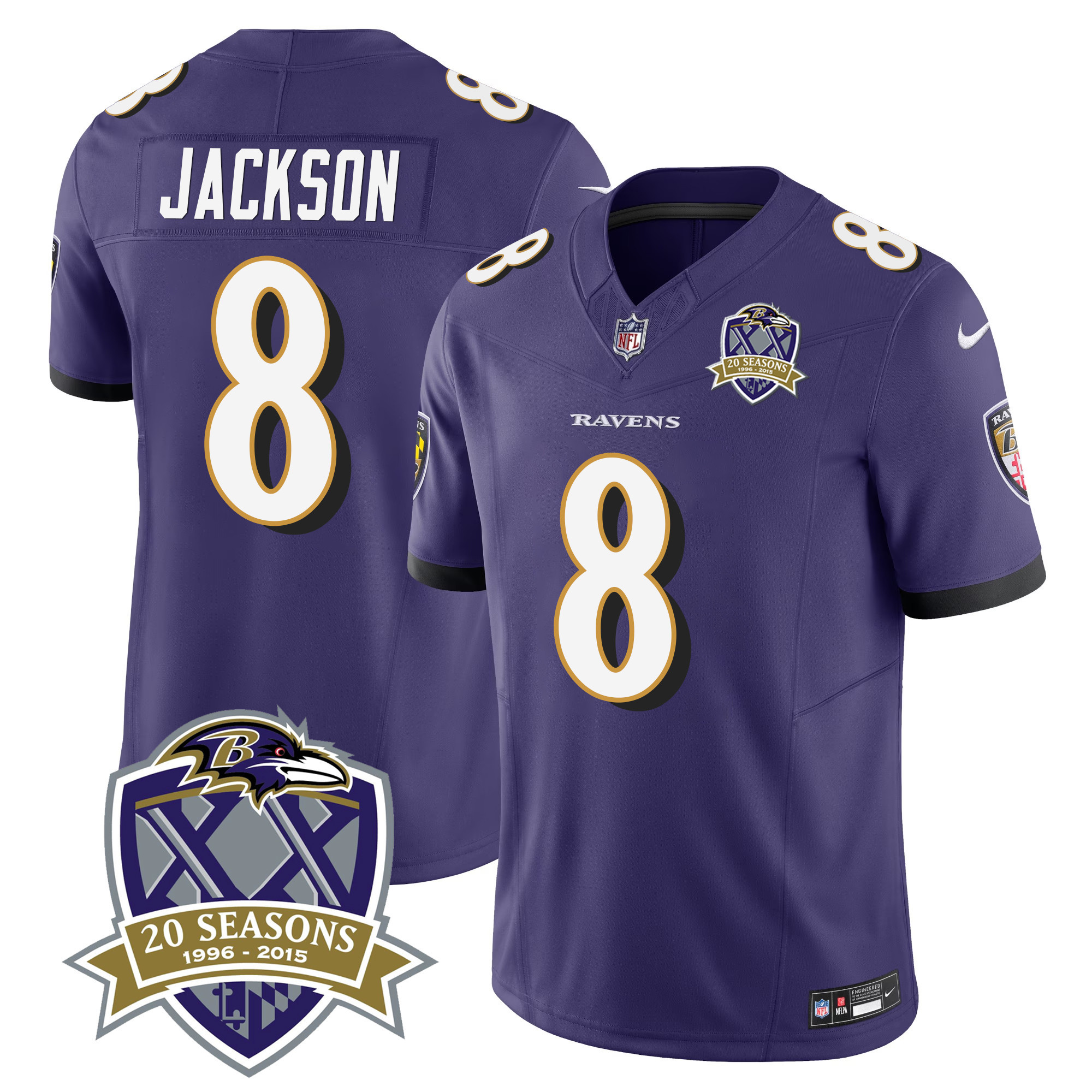 Lamar Jackson Men's Baltimore Ravens 20Th Season Patch Vapor Limited Purple Jersey All Stitched