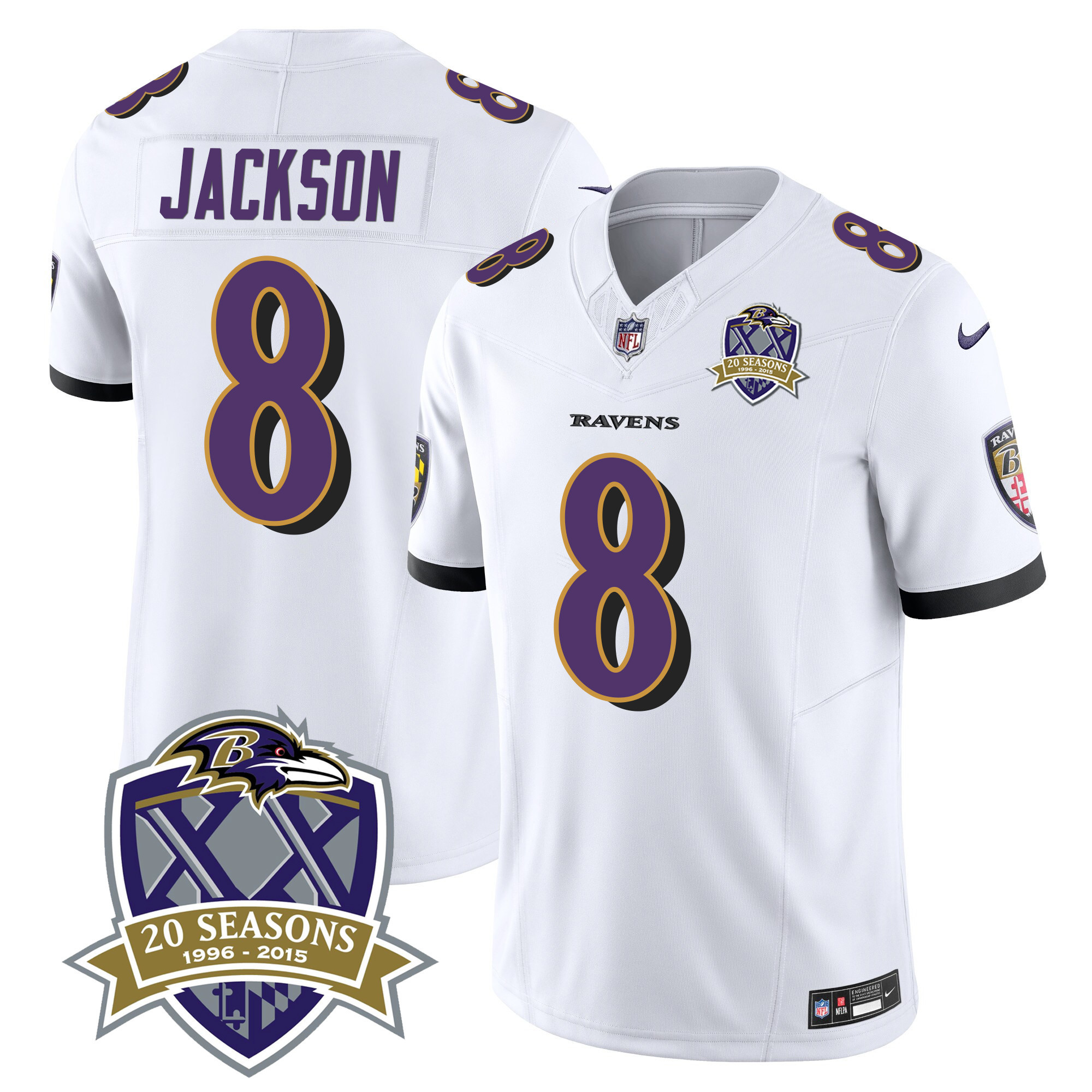Lamar Jackson Men's Baltimore Ravens 20Th Season Patch Vapor Limited White Jersey All Stitched