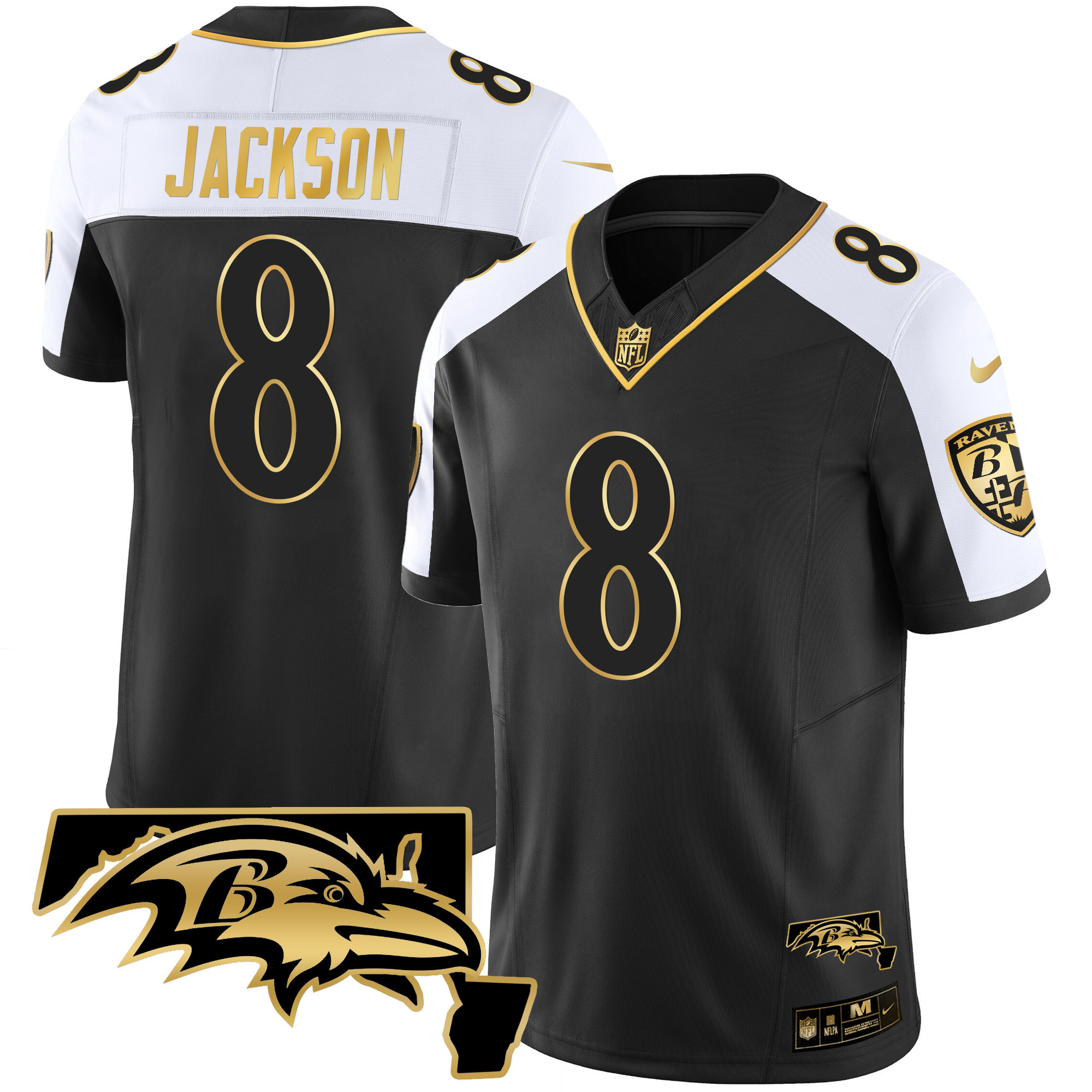 Lamar Jackson Men's Baltimore Ravens Maryland Patch Vapor Gold Alternate Jersey All Stitched