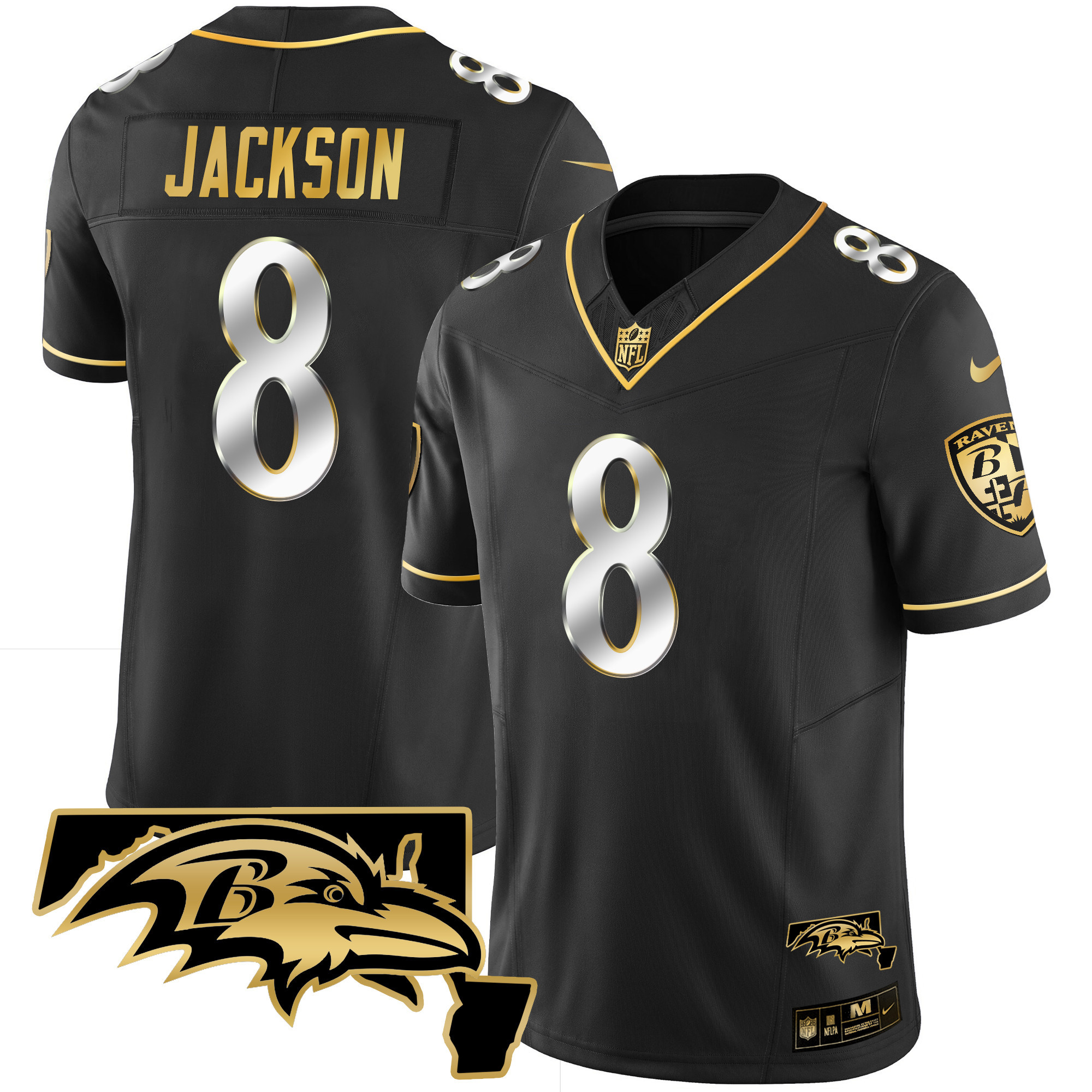 Lamar Jackson Men's Baltimore Ravens Maryland Patch Vapor Gold Black Limited Jersey All Stitched