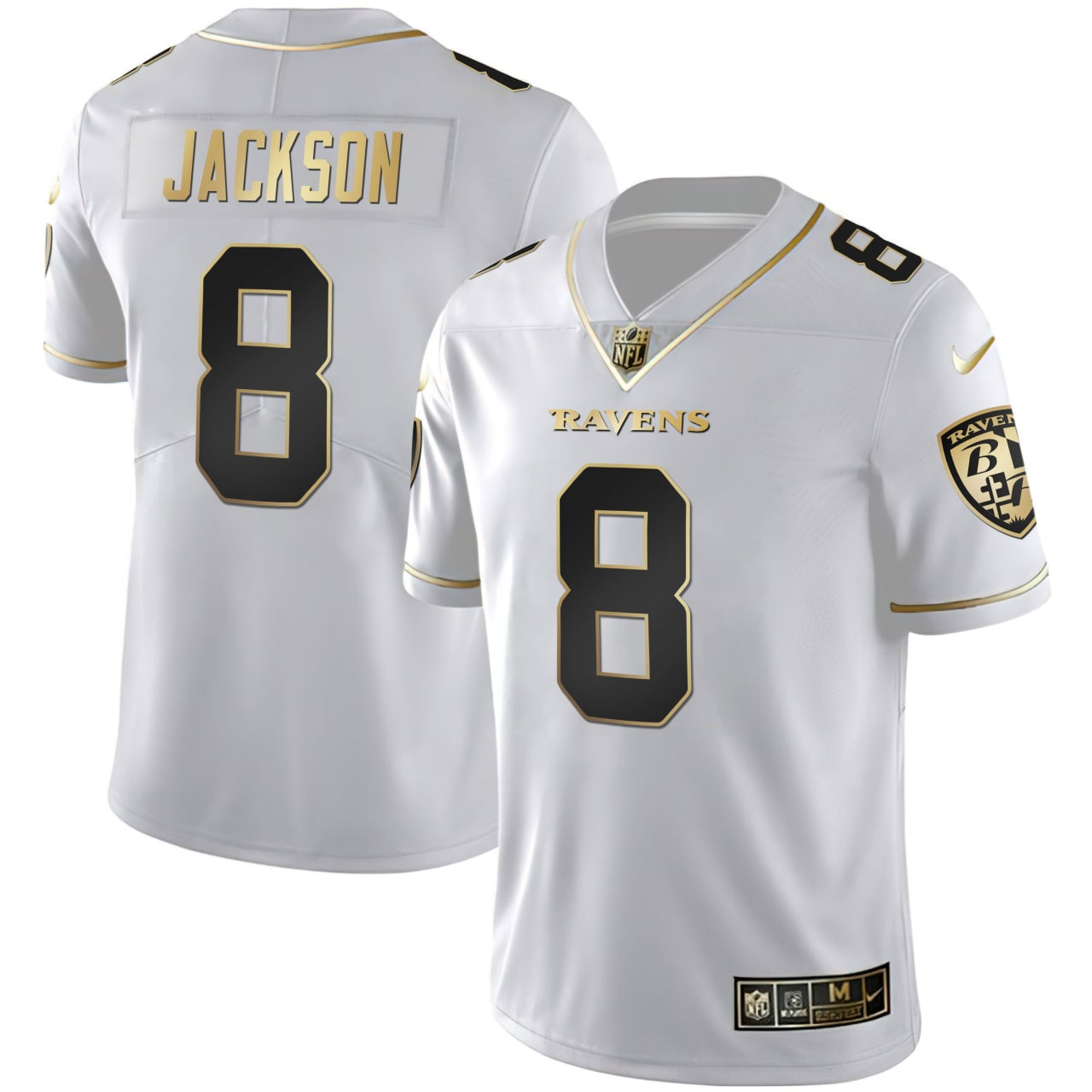 Lamar Jackson Men's Lamar Jackson Baltimore Ravens White Gold Jersey All Stitched
