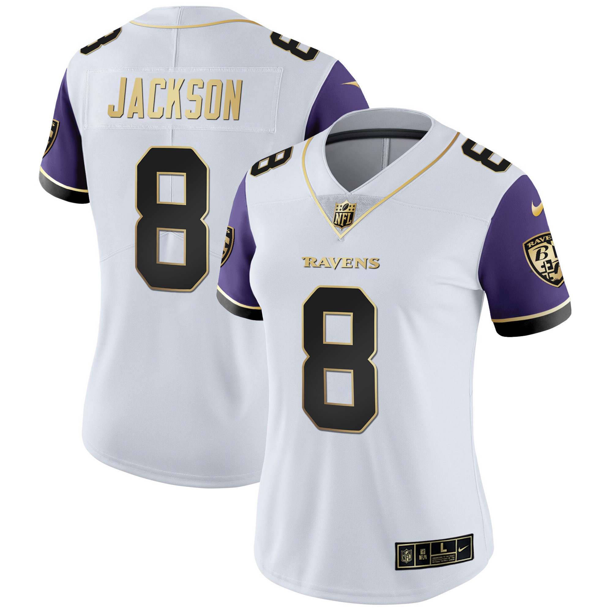 Lamar Jackson WoMen's Baltimore Ravens Gold Vapor Color Sleeve Jersey All Stitched