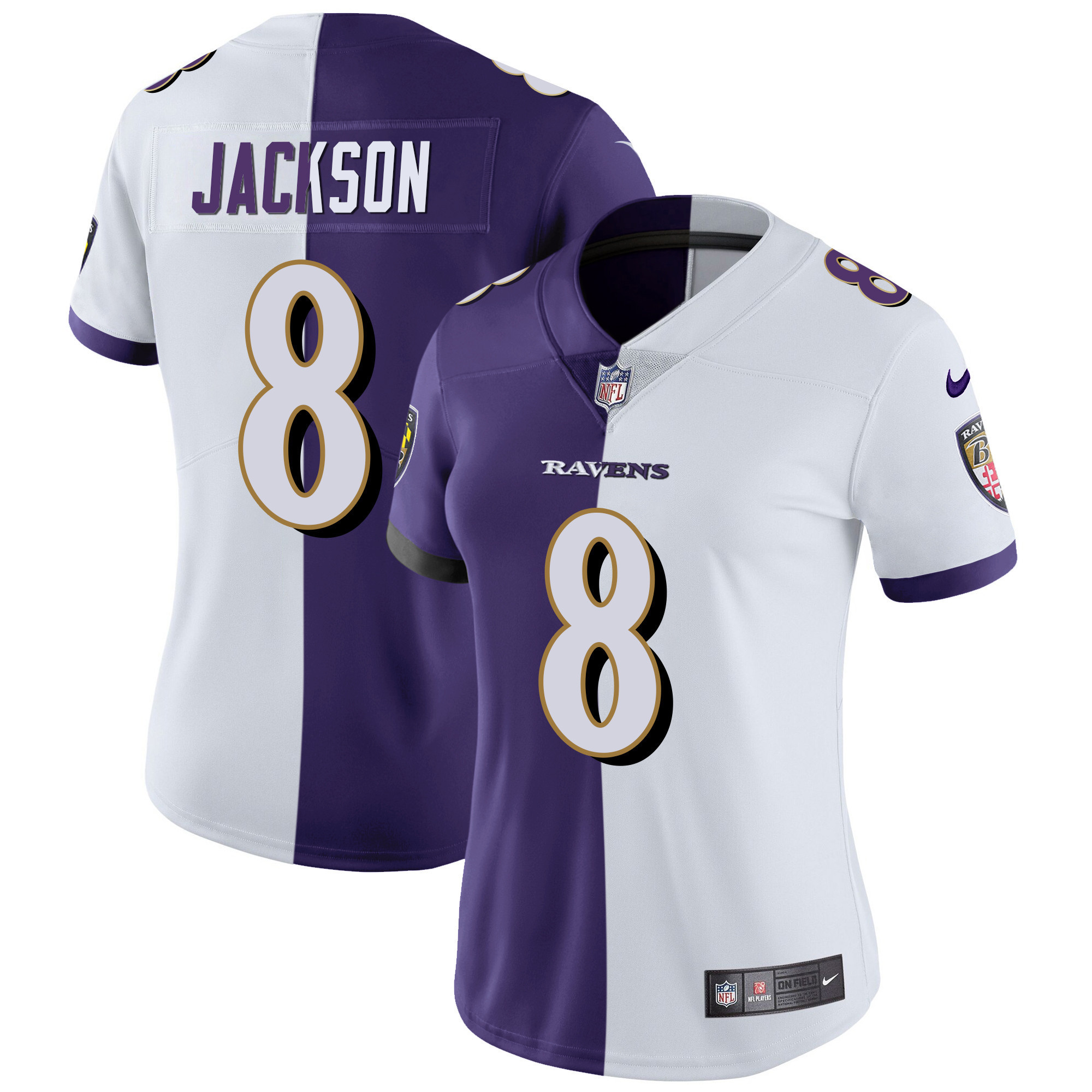 Lamar Jackson WoMen's Baltimore Ravens Gold Vapor Split Jersey All Stitched