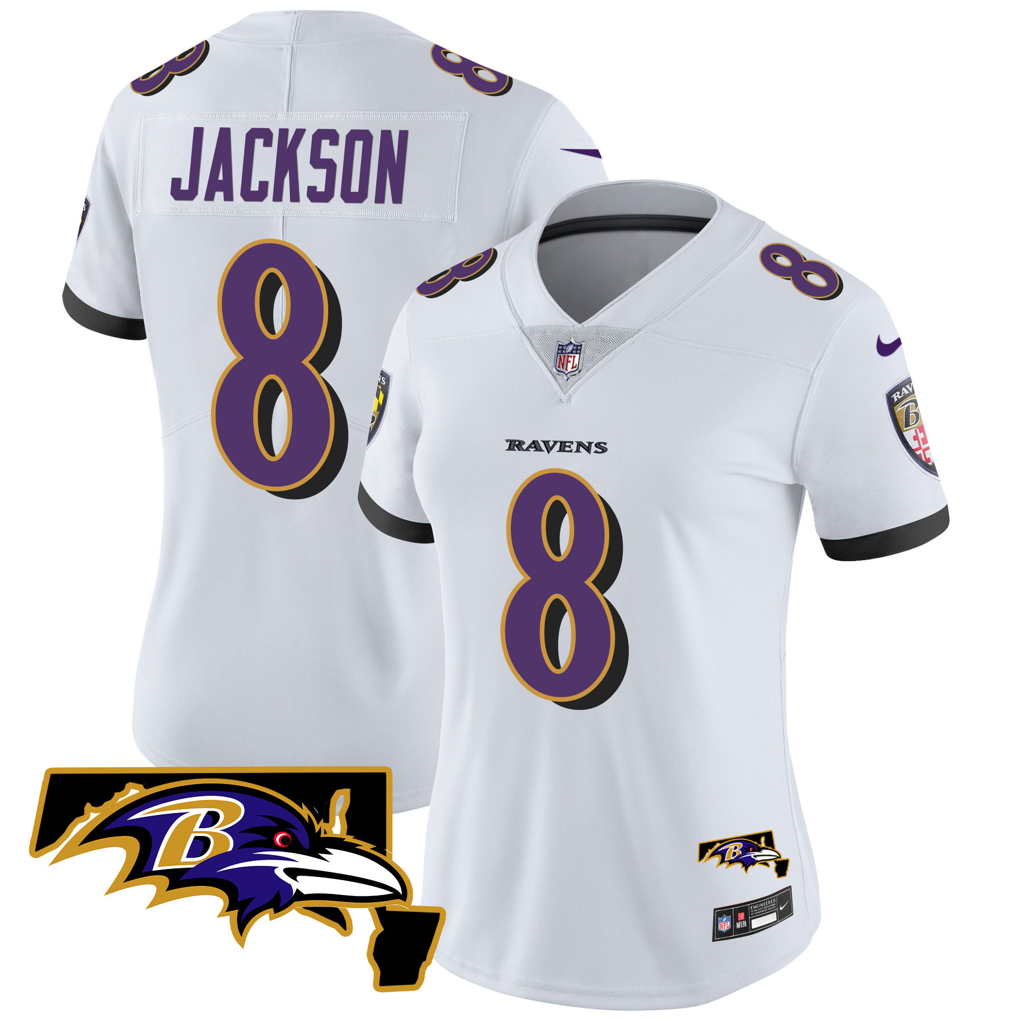 Lamar Jackson WoMen's Baltimore Ravens Maryland Patch Vapor Limited White Jersey All Stitched