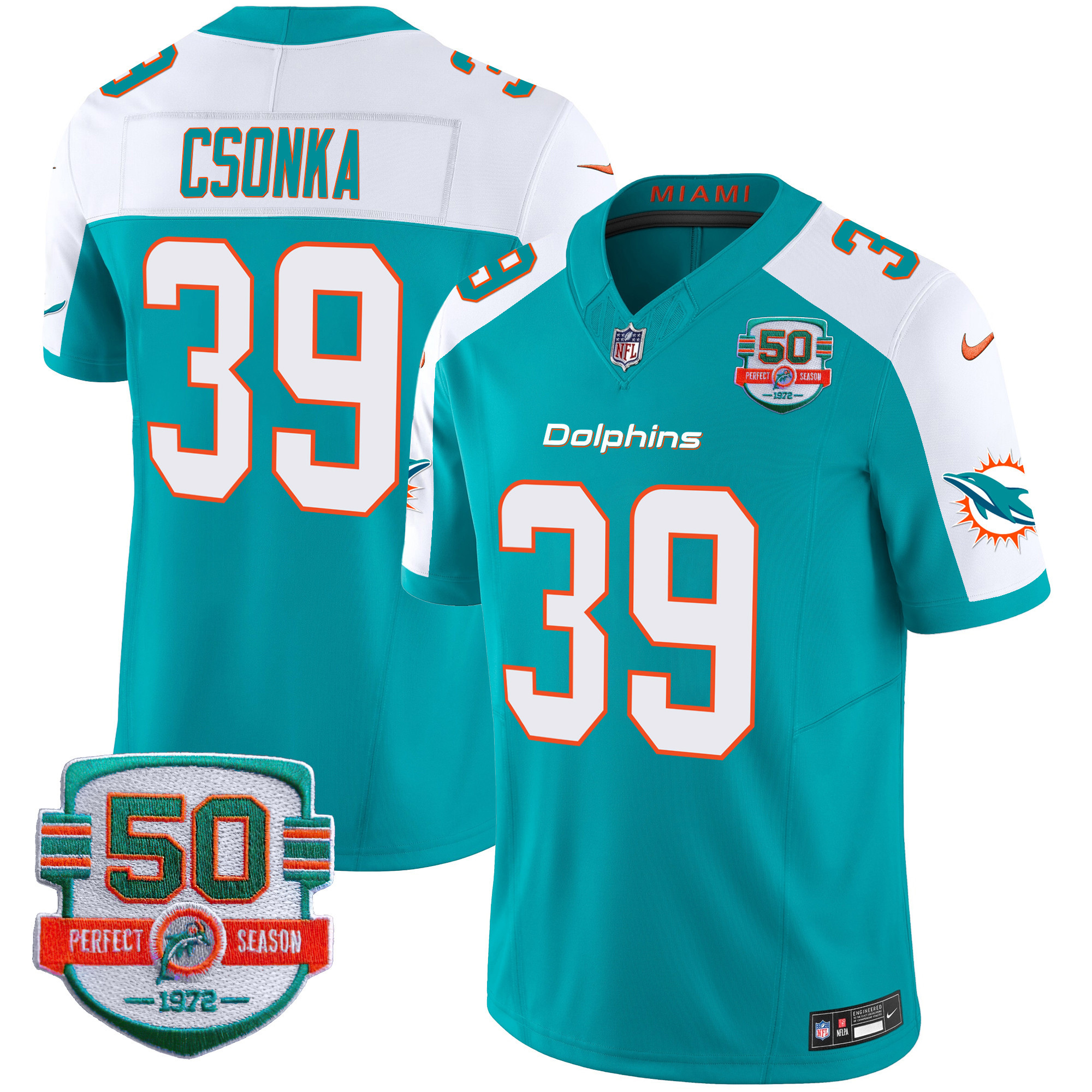Larry Csonka Men's Miami Dolphins 50th 1972 Perfect Season Patch Vapor Aqua Alternate Jersey - All Stitched 