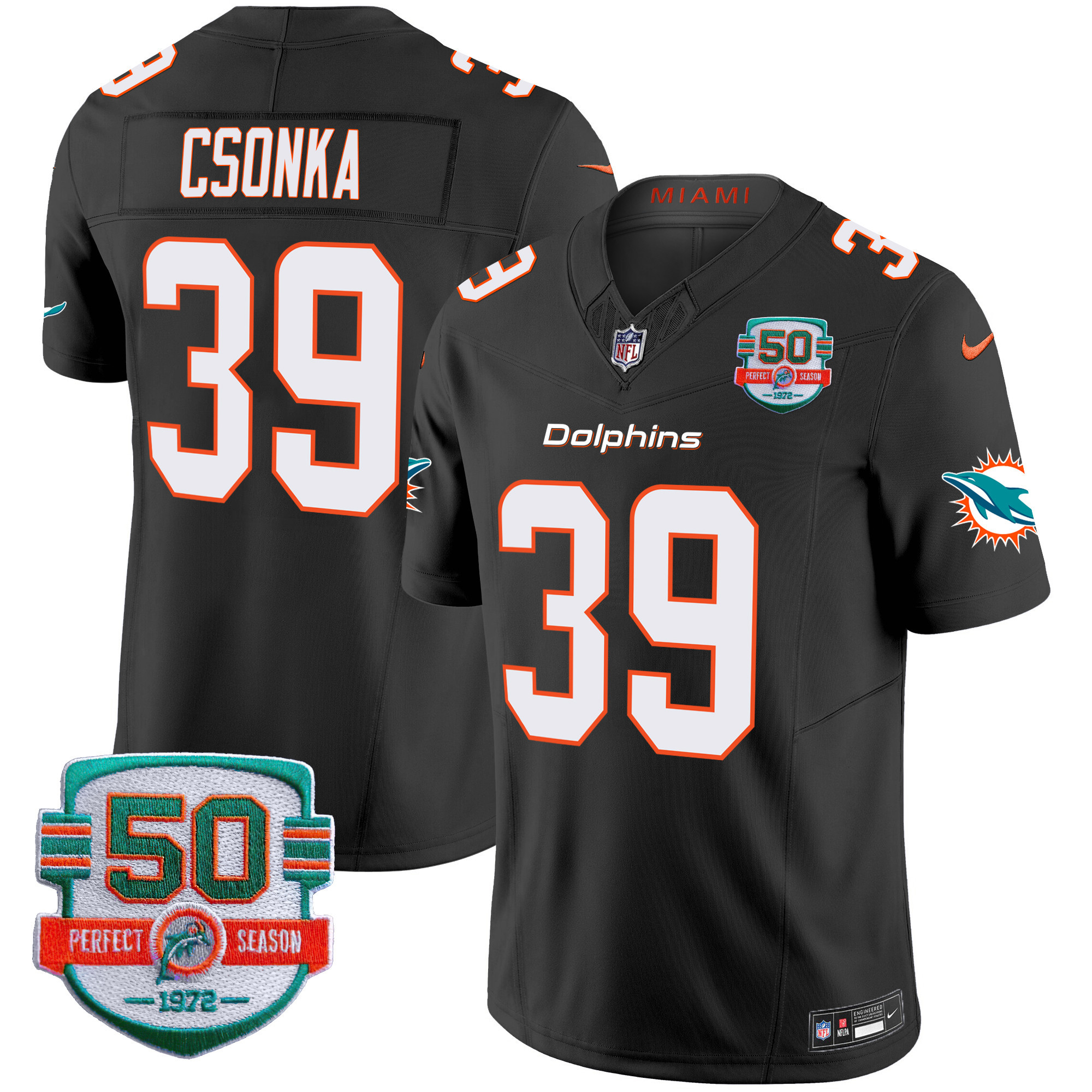 Larry Csonka Men's Miami Dolphins 50th 1972 Perfect Season Patch Vapor Black Jersey - All Stitched 