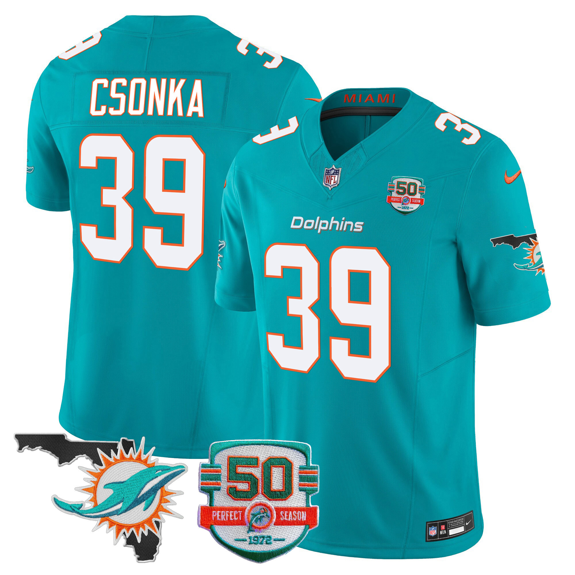 Larry Csonka Men's Miami Dolphins 50th Perfect Season & Florida Patch Vapor Aqua Jersey - All Stitched 