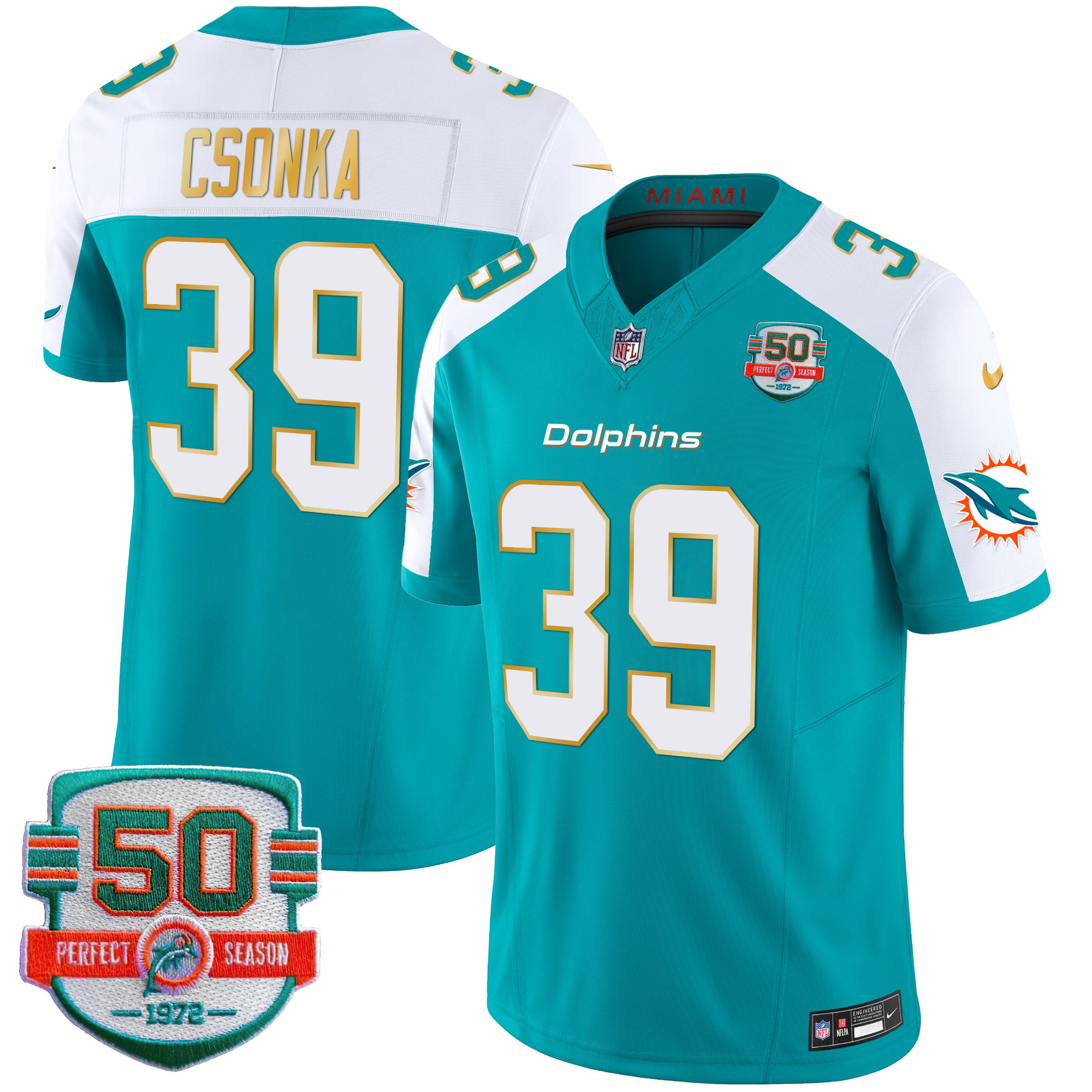 Larry Csonka Men's Miami Dolphins Gold Trim Vapor Limited Aqua Alternate Jersey - All Stitched 