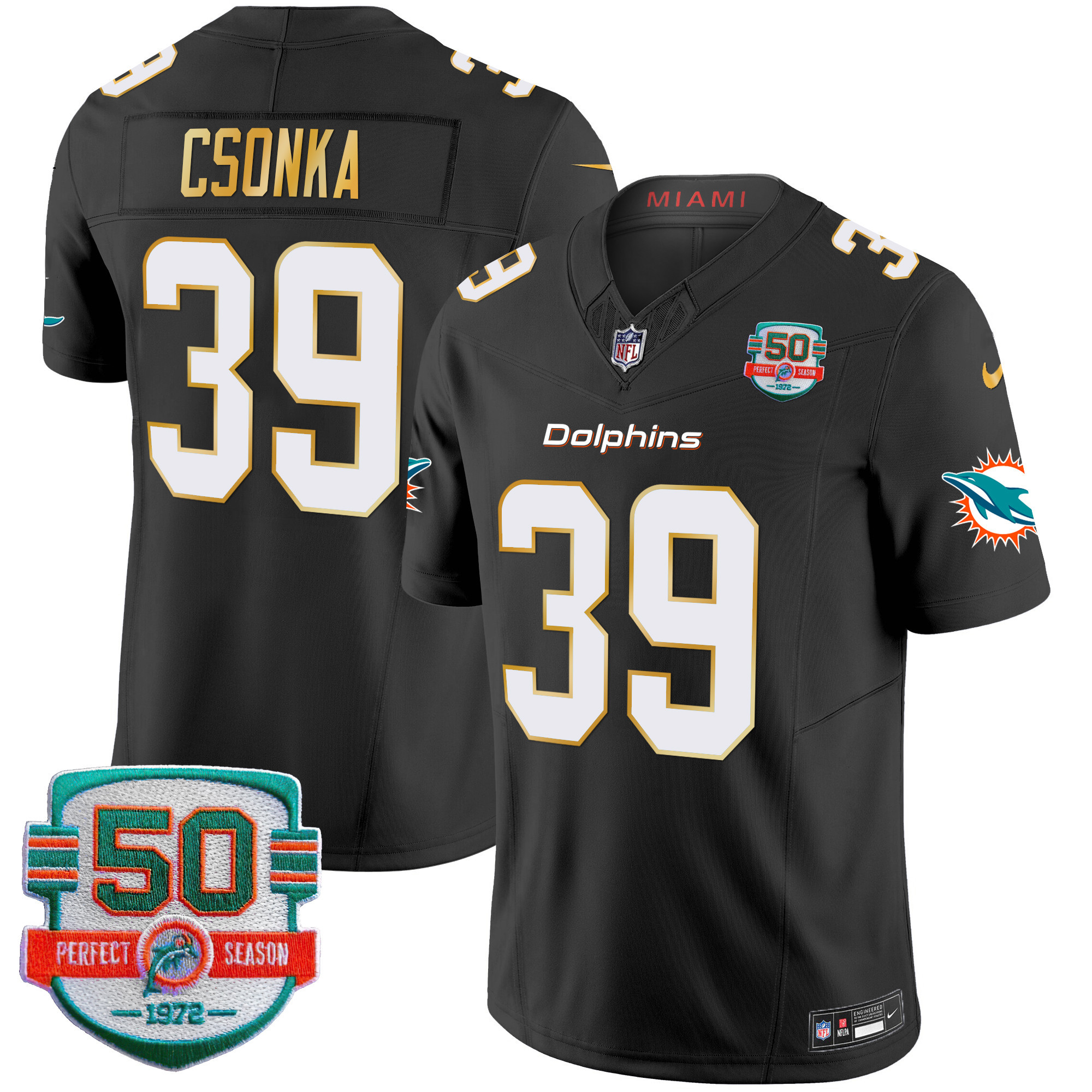Larry Csonka Men's Miami Dolphins Gold Trim Vapor Limited Black Jersey - All Stitched 