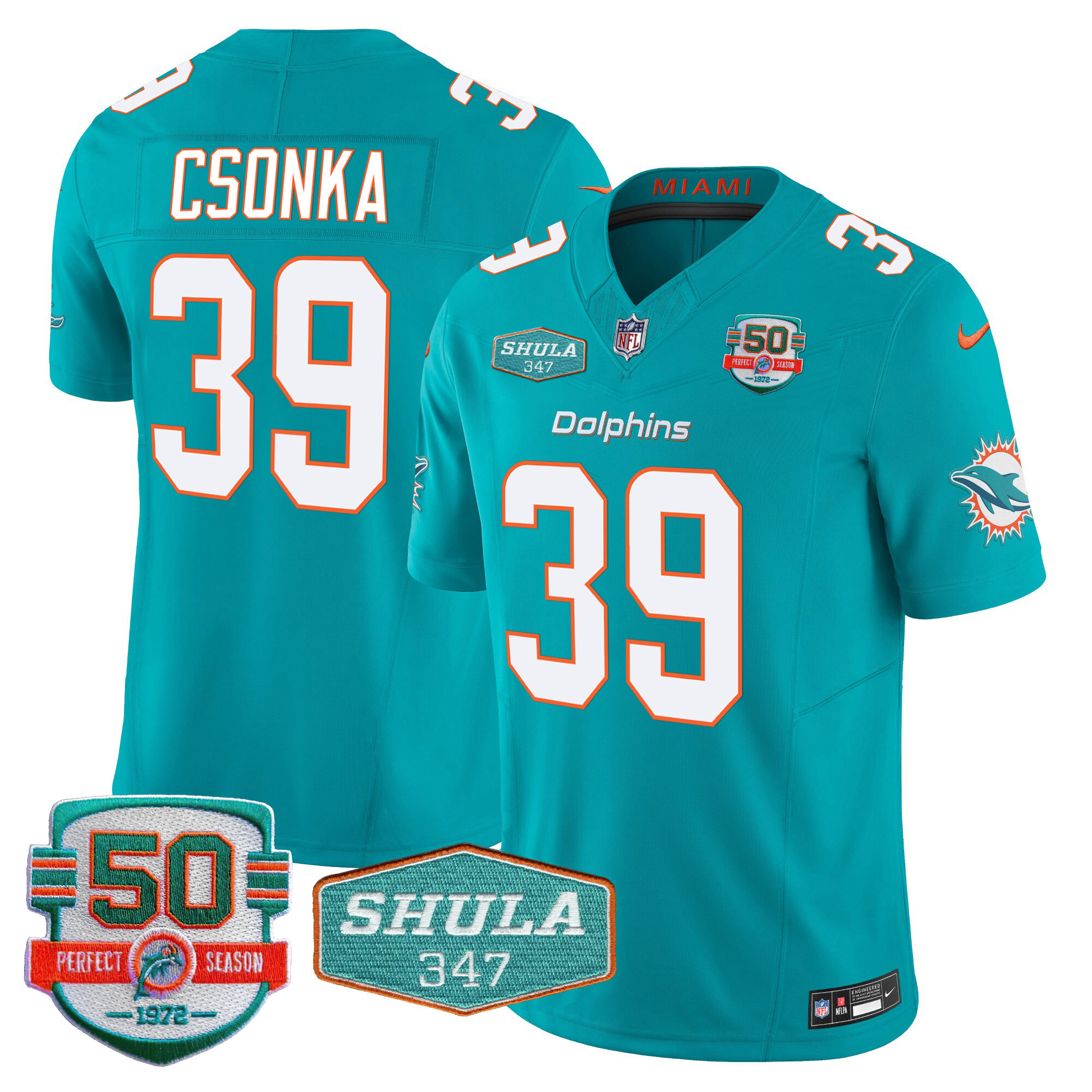 Larry Csonka Men's Miami Dolphins Shula 347 Patch Vapor Aqua Jersey - All Stitched 