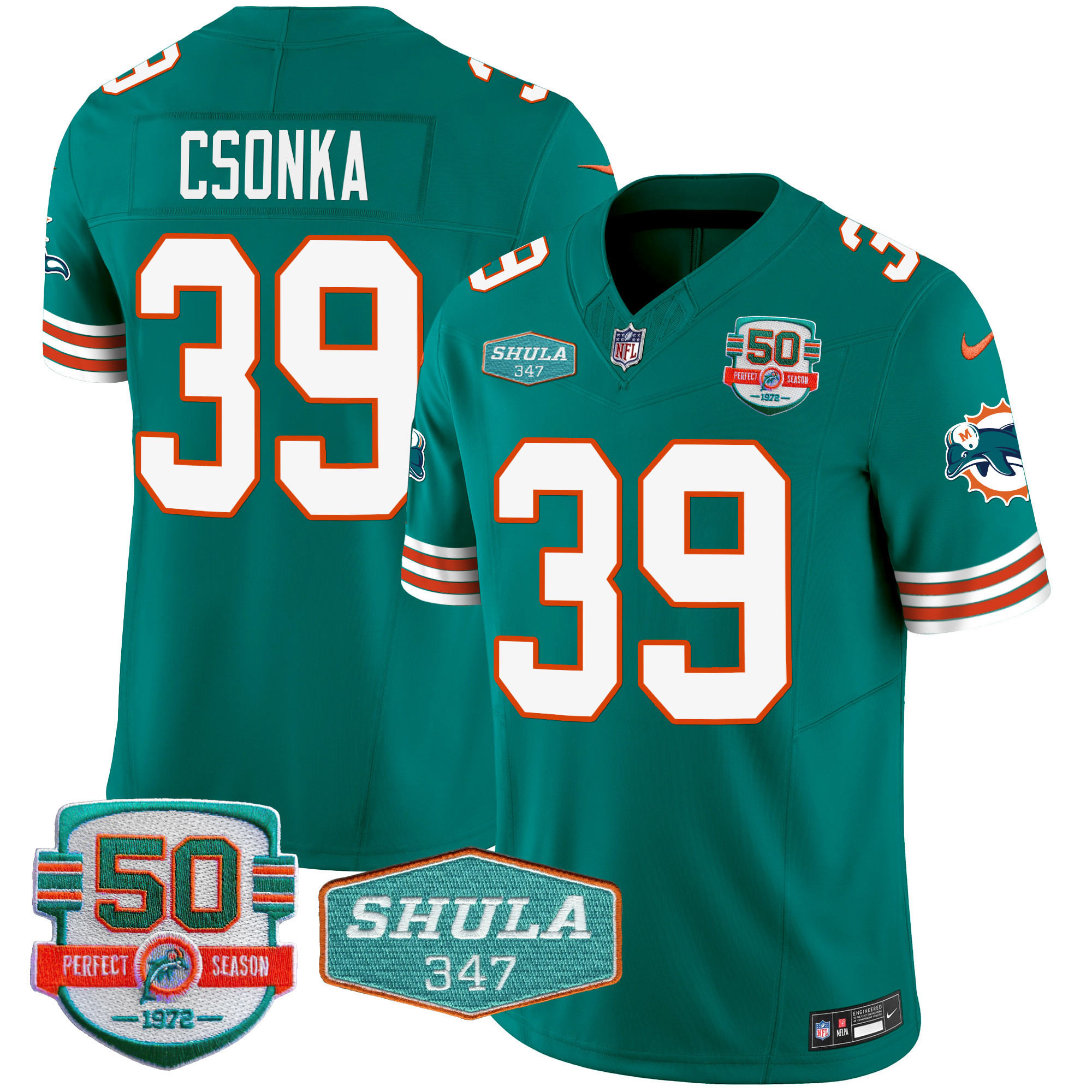 Larry Csonka Men's Miami Dolphins Throwback Shula 347 Patch Vapor Aqua Jersey - All Stitched 