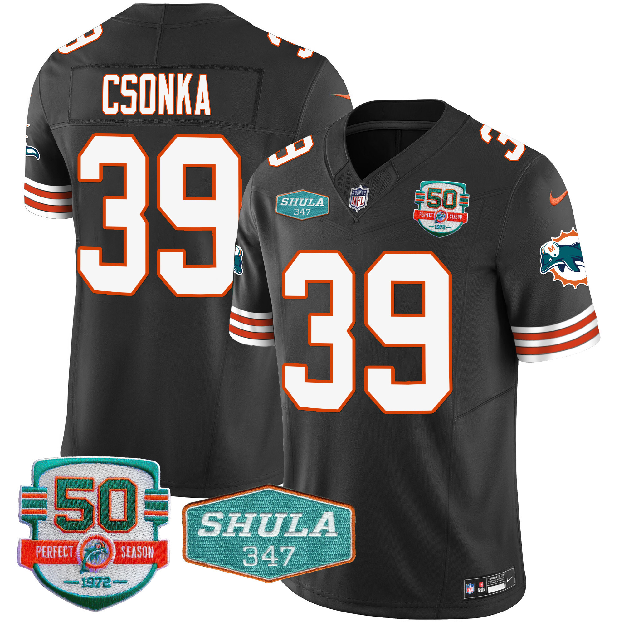 Larry Csonka Men's Miami Dolphins Throwback Shula 347 Patch Vapor Black Jersey - All Stitched 