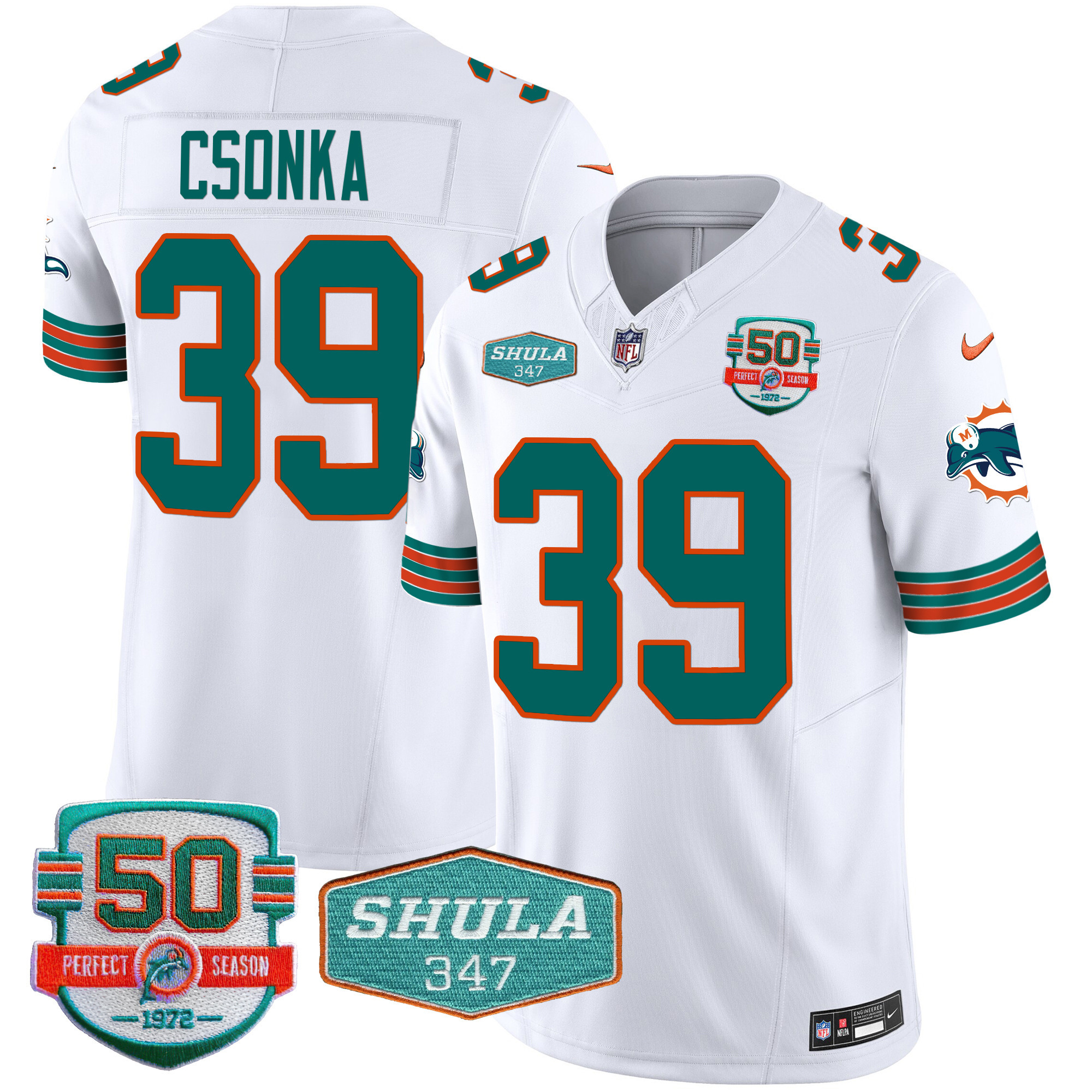 Larry Csonka Men's Miami Dolphins Throwback Shula 347 Patch Vapor White Jersey - All Stitched 