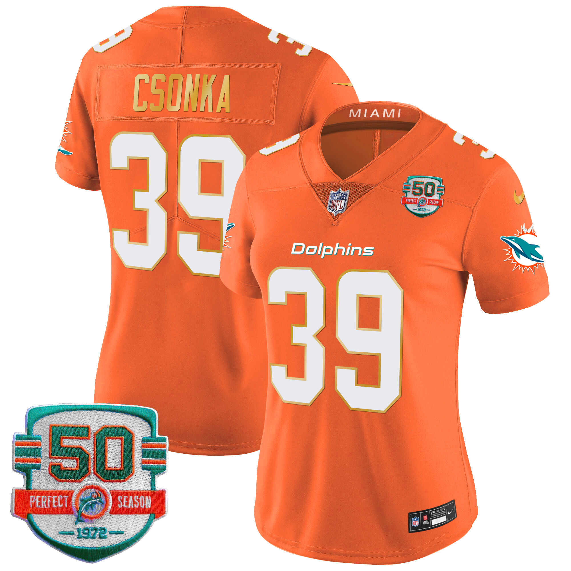 Larry Csonka Women's Miami Dolphins Gold Trim Vapor Limited Orange Jersey - All Stitched 