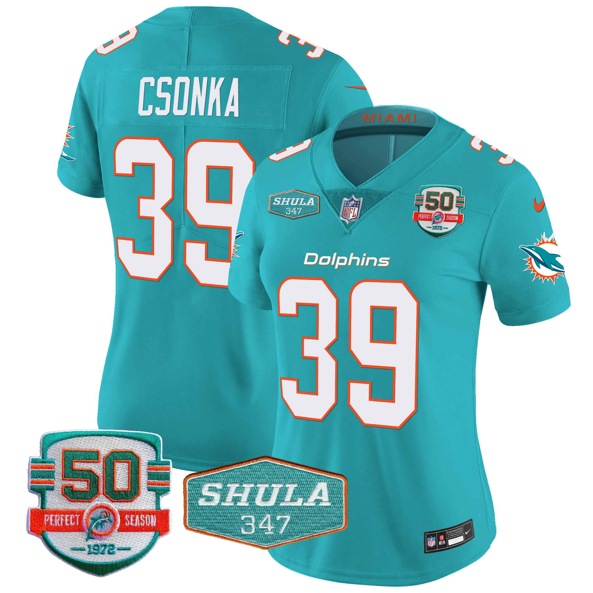 Larry Csonka Women's Miami Dolphins Shula 347 Patch Vapor Aqua Jersey - All Stitched 