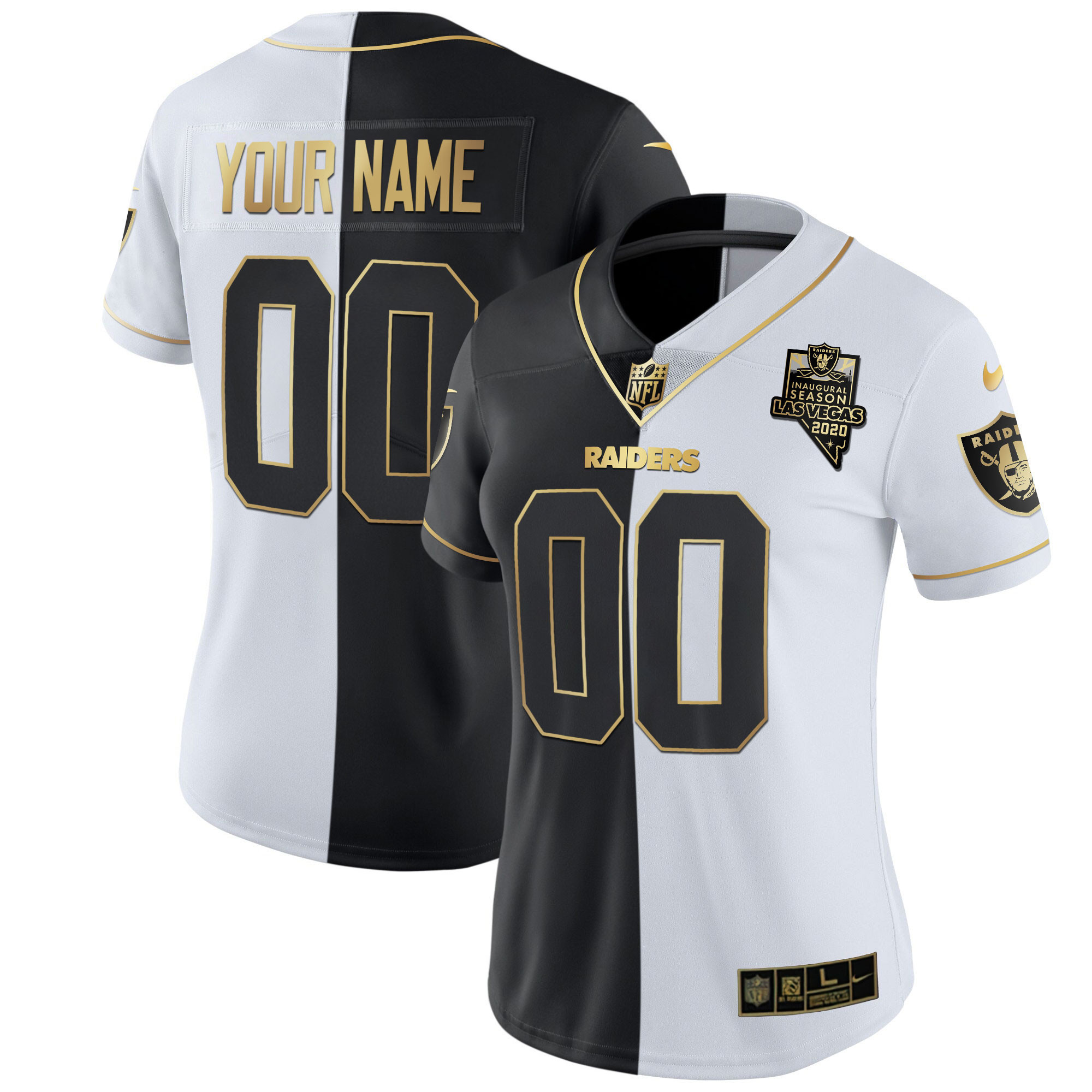 Las Vegas Raiders Inaugural Season Patch Gold & Split Custom Name and Number Split Gold Jersey - All Stitched 