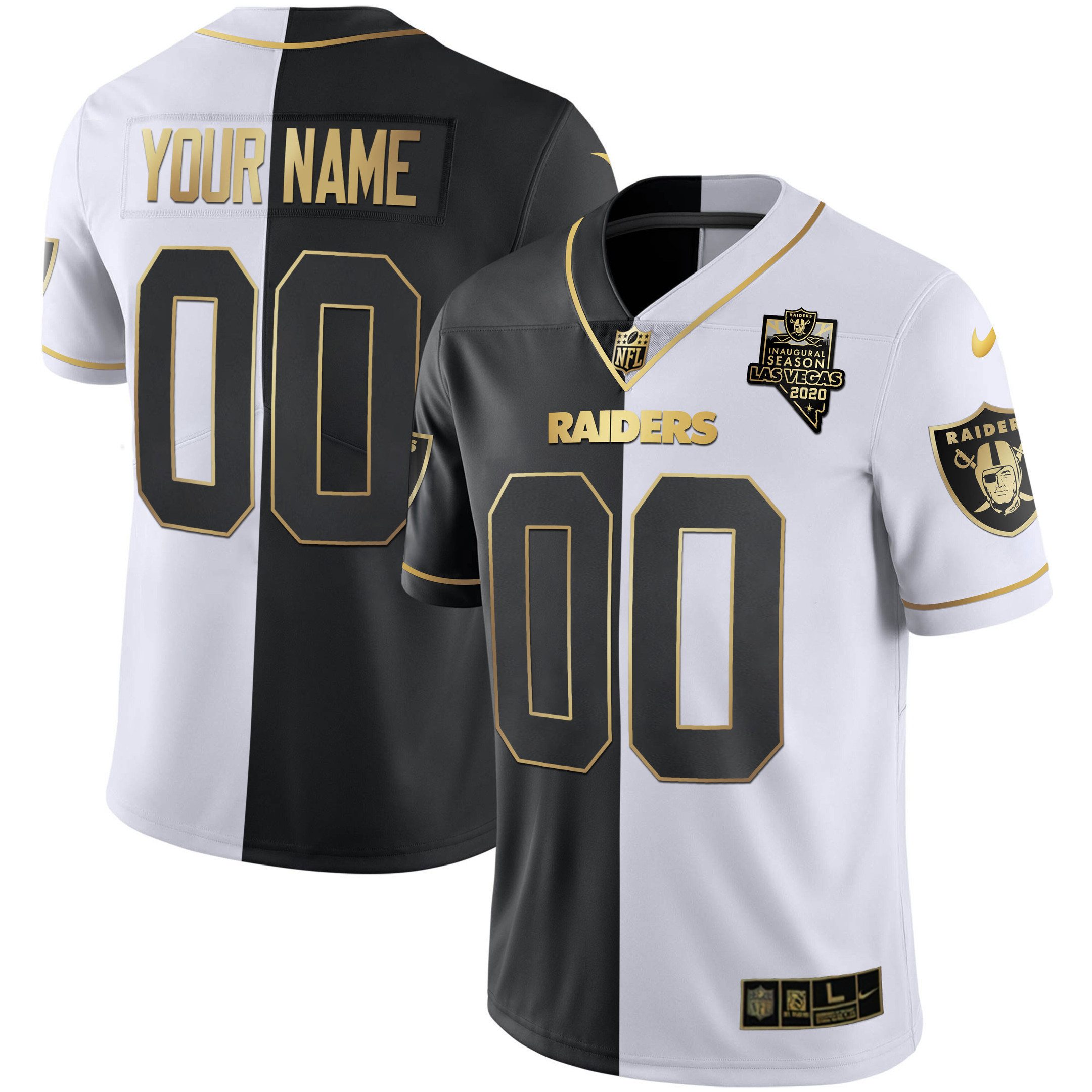 Las Vegas Raiders Inaugural Season Patch Gold & Split Custom Name and Number Split Gold Jersey - All Stitched 