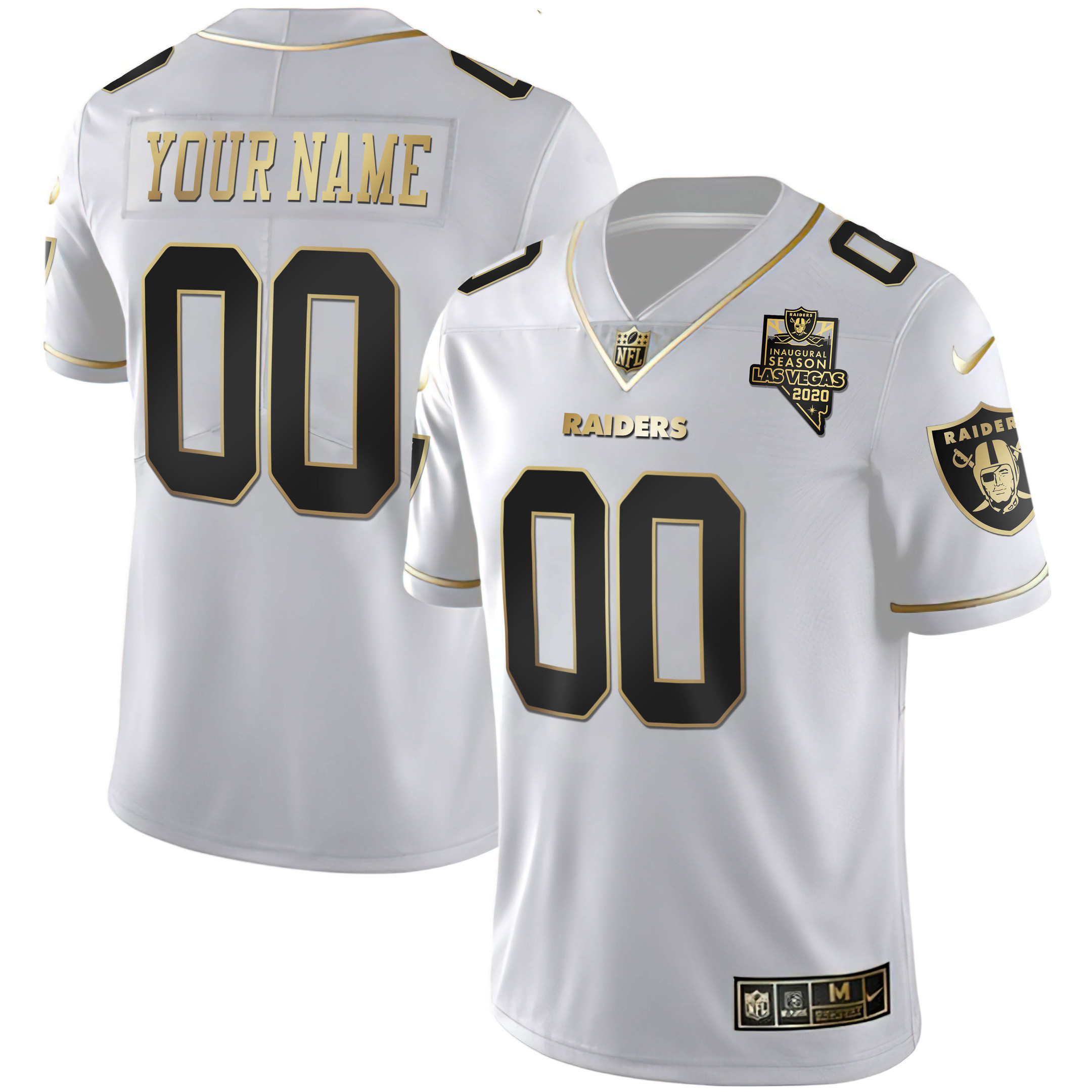 Las Vegas Raiders Inaugural Season Patch Gold & Split Custom Name and Number White Gold Jersey - All Stitched 