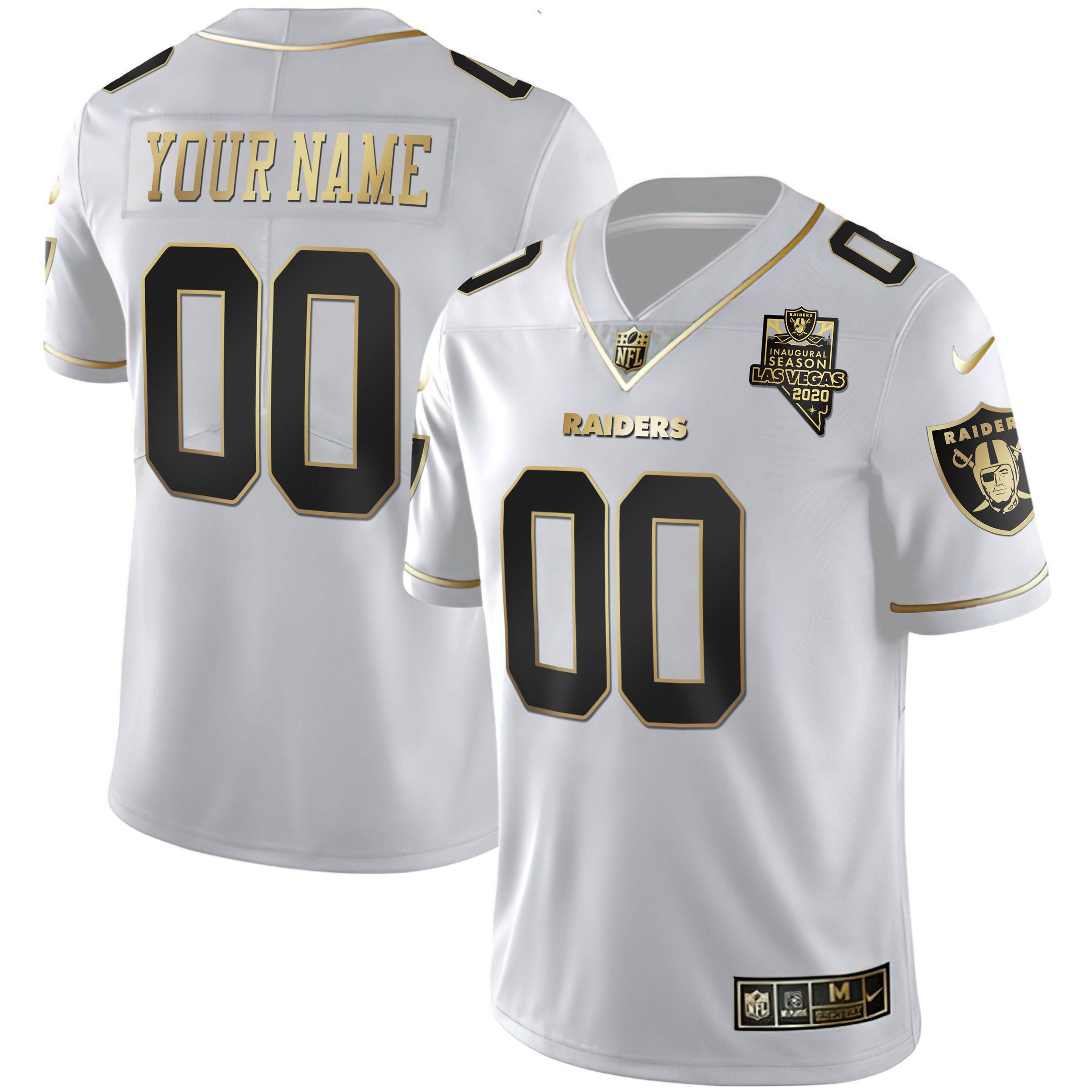 Las Vegas Raiders Inaugural Season Patch Gold & Split Custom Name and Number White Gold Jersey - All Stitched 