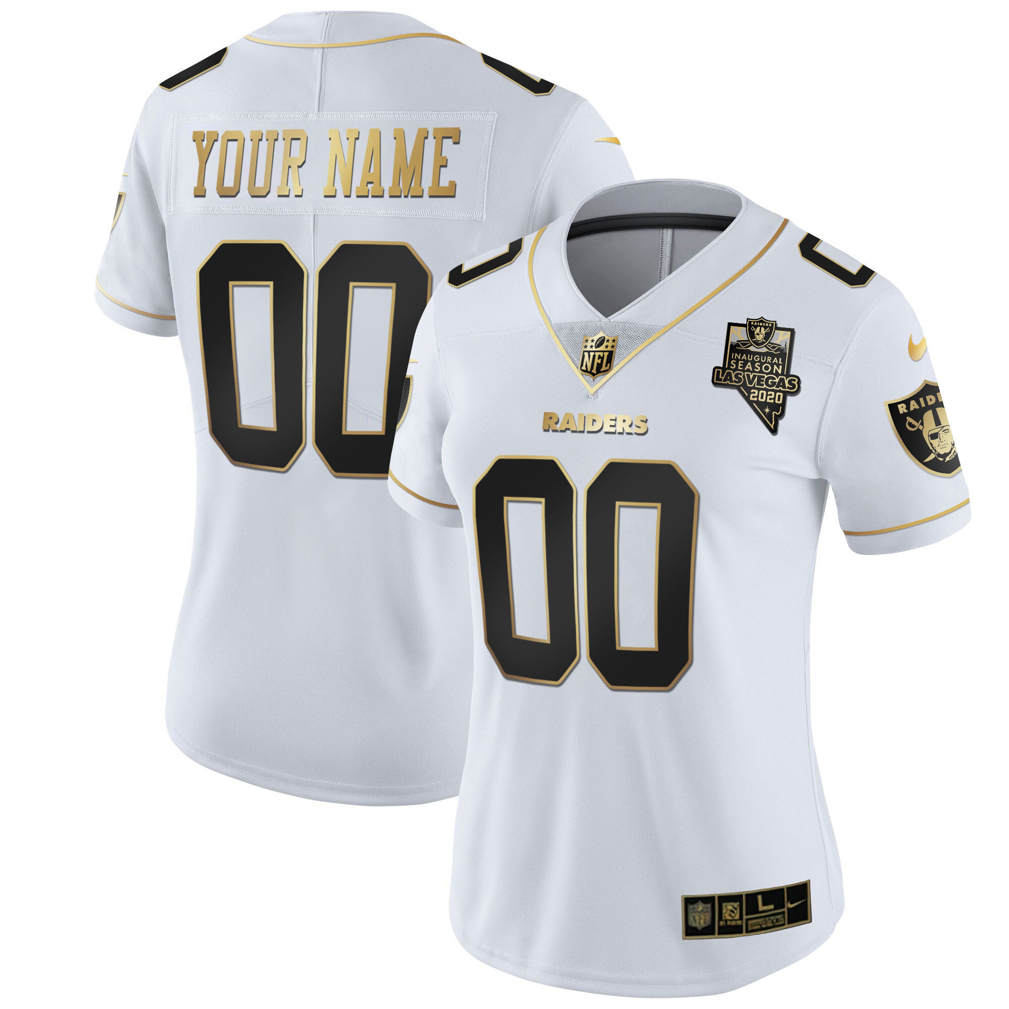 Las Vegas Raiders Inaugural Season Patch Gold & Split Custom Name and Number White Gold Jersey - All Stitched 