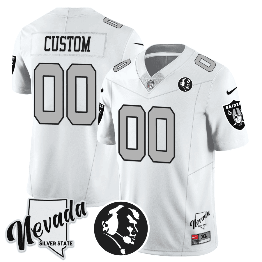 Las Vegas Raiders John Madden Honoring & Nevada Silver State Patch Vapor Custom White Silver Jersey - All Stitched 