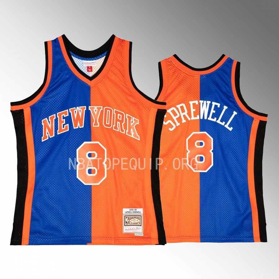 Latrell Sprewell Hardwood Classics 1998-99 Jersey New York Knicks #8 Blue Orange Split Swingman Men's Shirt