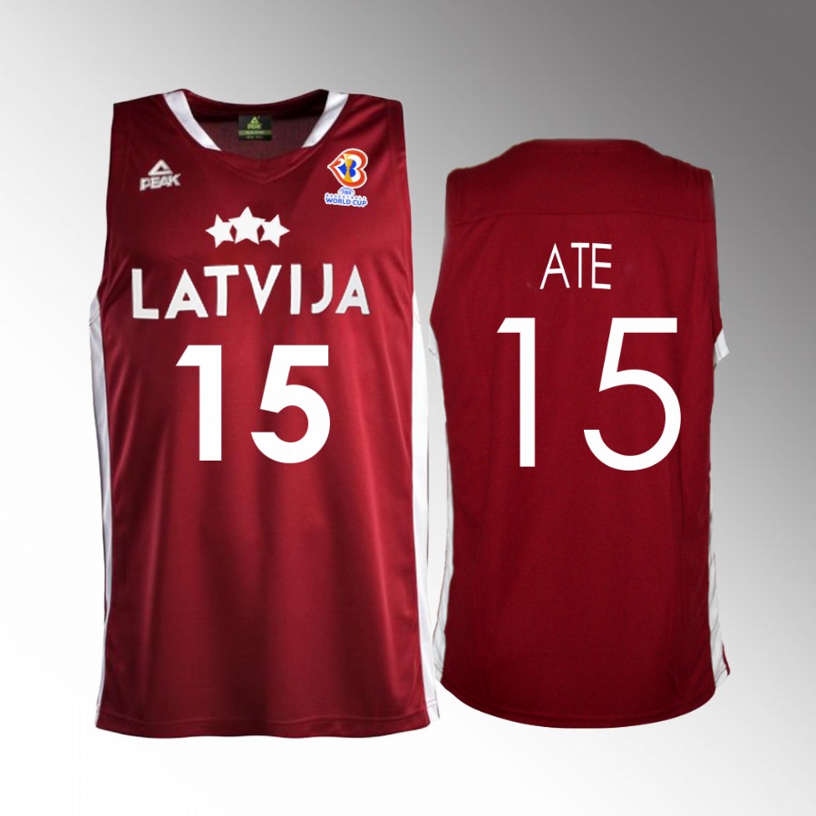 Latvia #15 Artis Ate 2023 FIBA World Cup Away Men Jersey Red