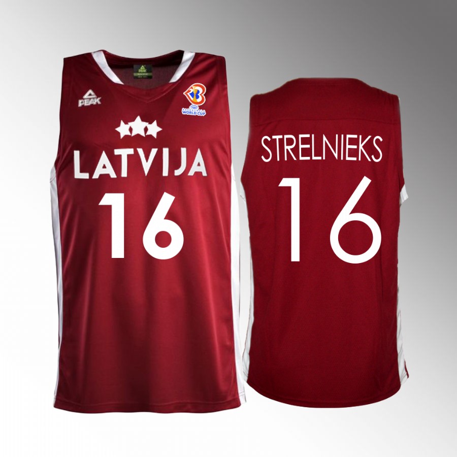 Latvia #16 Janis Strelnieks 2023 FIBA World Cup Away Men Jersey Red