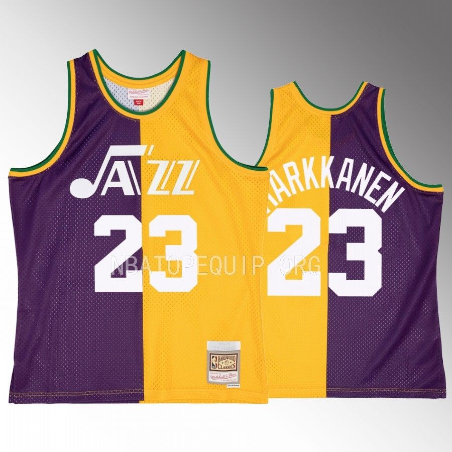 Lauri Markkanen New Orleans Jazz Jersey Hardwood Classics Purple Yellow #23 Split Swingman